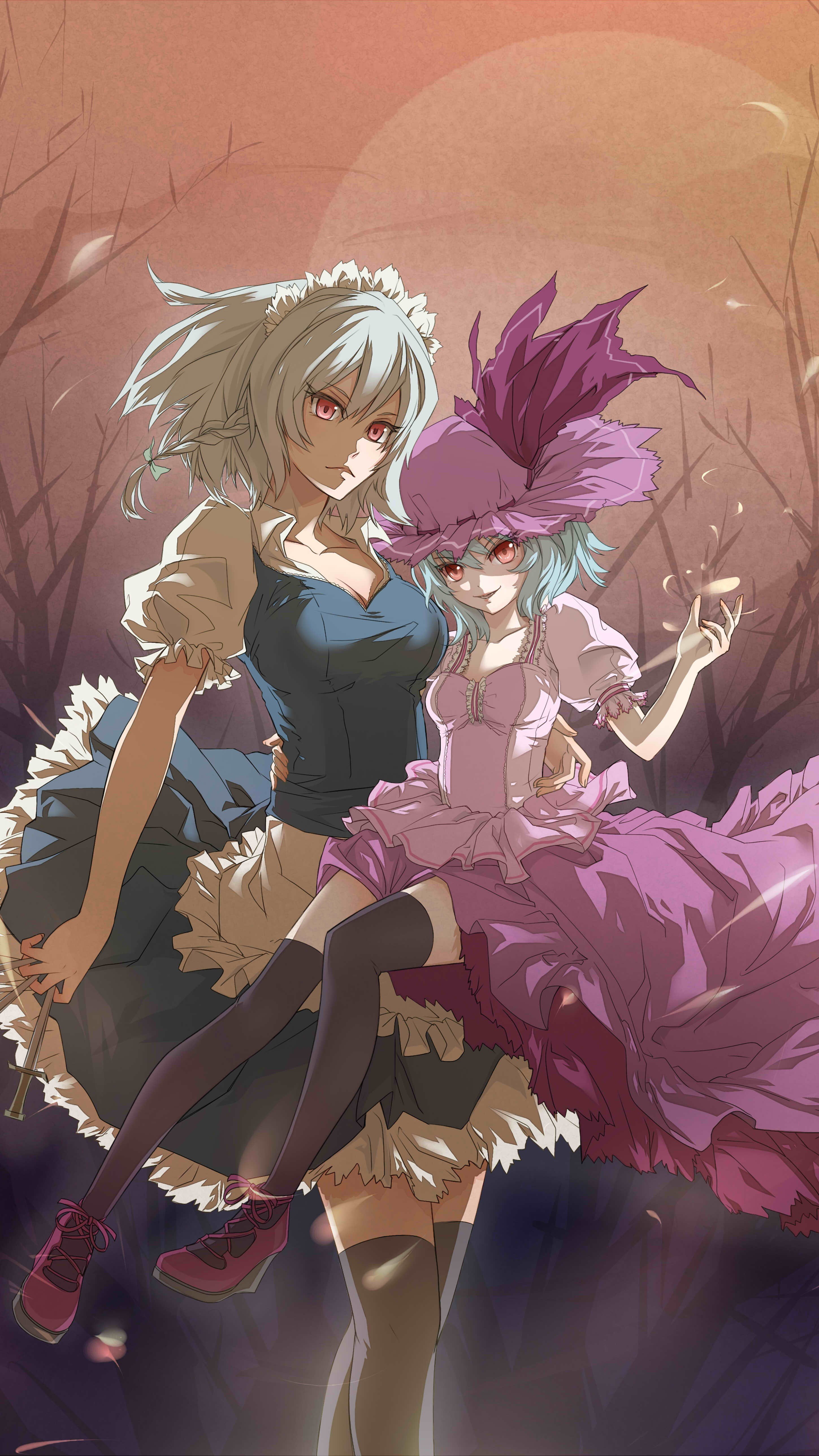 band, costumes, smiling, moon, sakuya, maids, weapons, hair, white, scarlet, vampires, games, touhou, knives, ribbons, izayoi, cleavage, highs, thigh, video, Phone HD Wallpaper