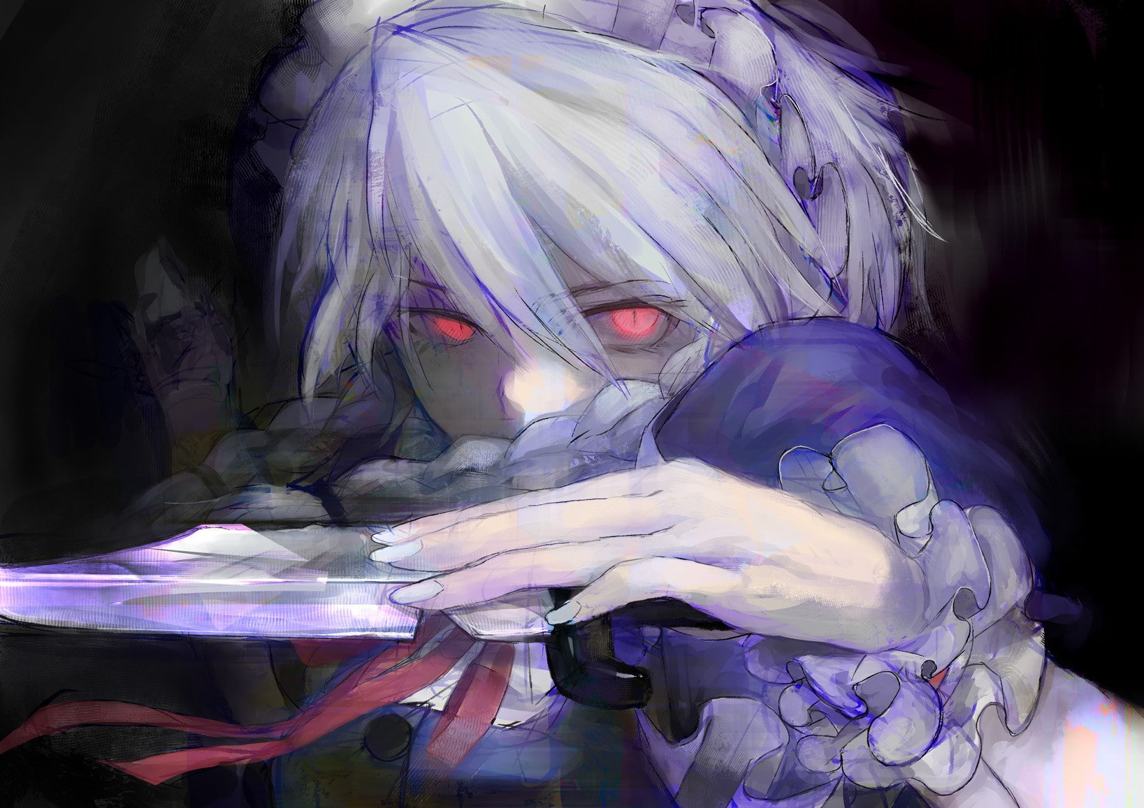 white, close up, ribbons, red, glowing, knives, eyes, braids, maids, weapons, sakuya, band, 720P, touhou, hair, faces, izayoi, HD Wallpaper