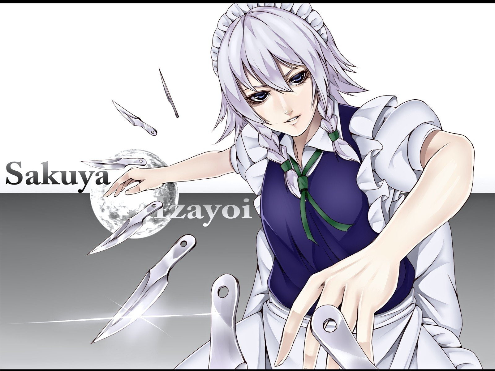 knives, band, video, sakuya, touhou, 720P, izayoi, girls, dress, anime, games, maids, ornaments, white, short, hair, ribbons, blue, moon, weapons, aprons, HD Wallpaper