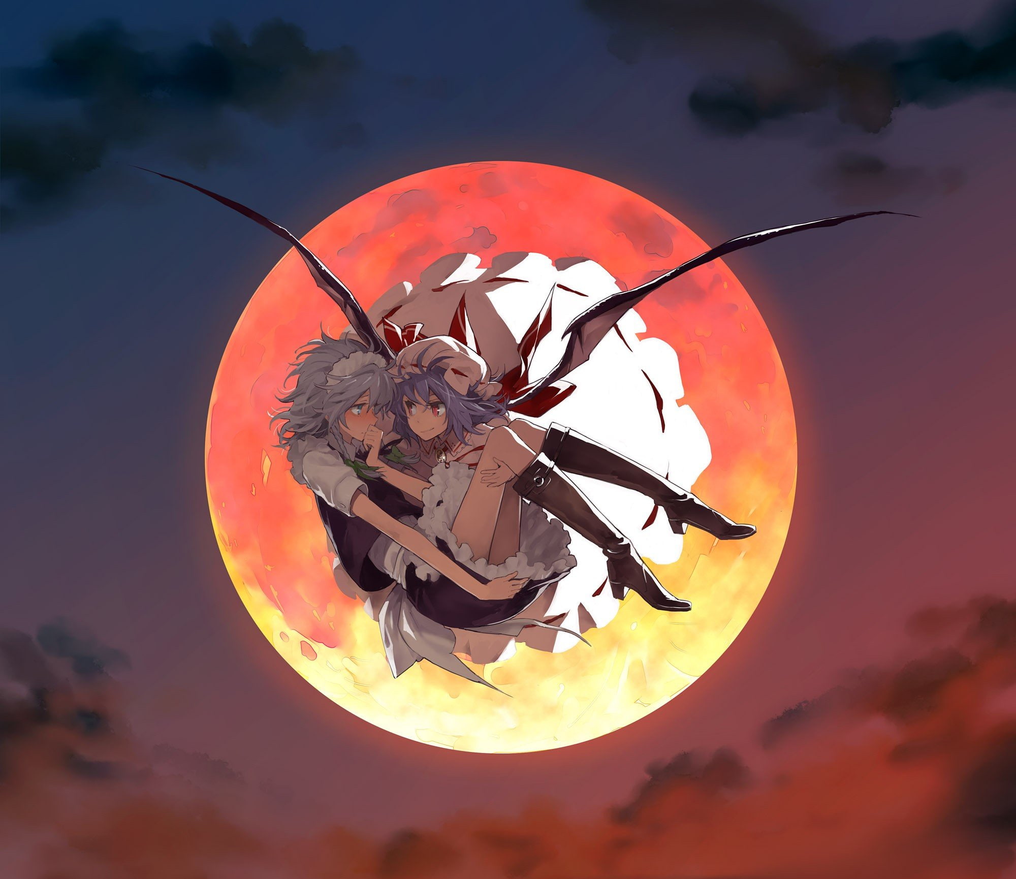 ornaments, bangs, touhou, eyes, pink, games, clouds, izayoi, short, moon, sakuya, white, blush, wings, 1080P, dress, braids, aprons, hair, band, remilia, HD Wallpaper