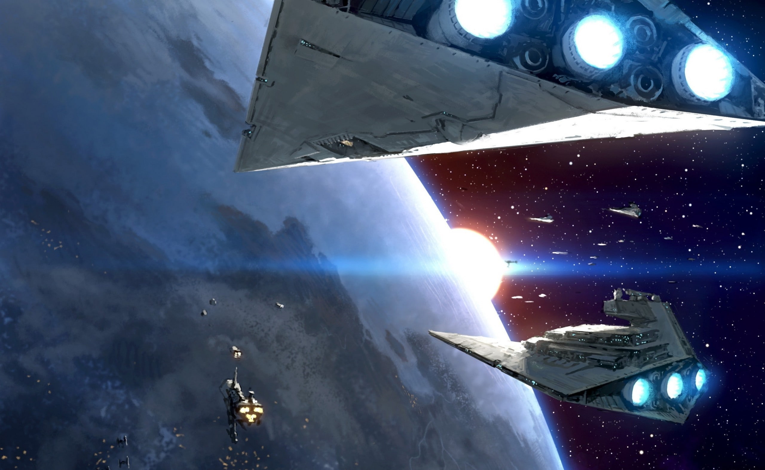 Star Destroyer, artwork, cold temperature, nature, outdoors, sky, sunbeam, sunlight, airplane, lens flare, air vehicle, illuminated, low angle view, reflection, HD Wallpaper