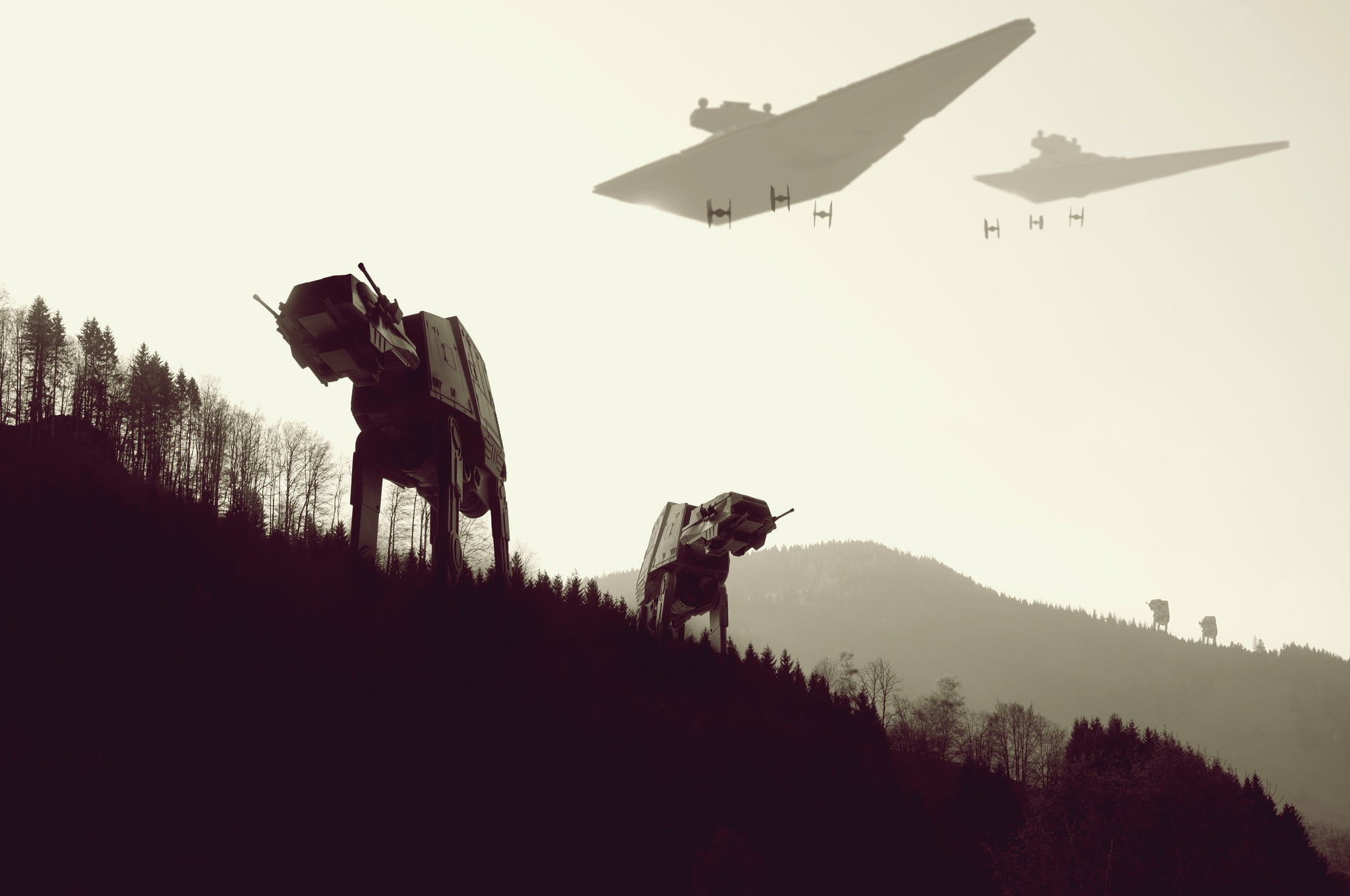 nature, work, mode of transportation, Star Wars, clear sky, mid-air, air vehicle, tree, plant, vertebrate, Y-WING, group of animals, men, outdoors, forest, HD Wallpaper
