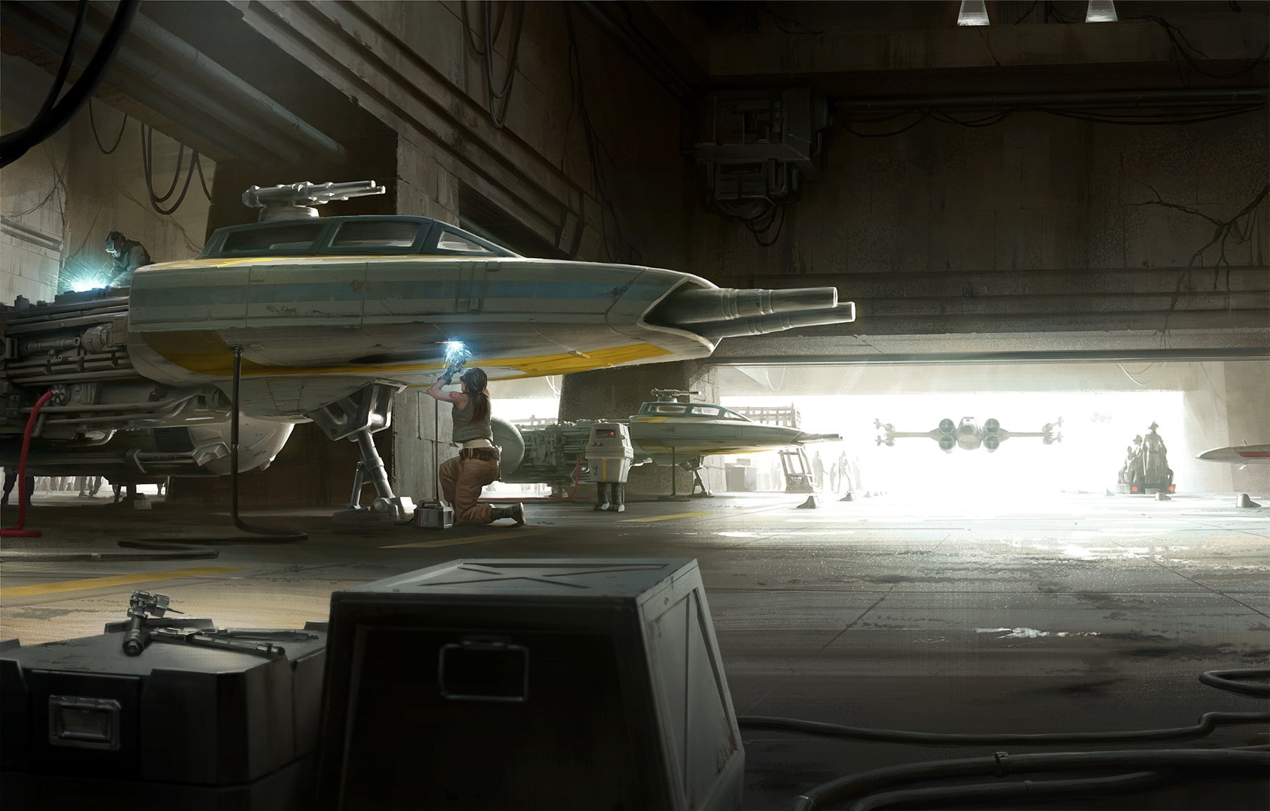 mechanic, mode of transportation, incidental people, x-wing, 720P, real people, men, travel, repairing, air vehicle, sci-fi, working, transportation, occupation, HD Wallpaper