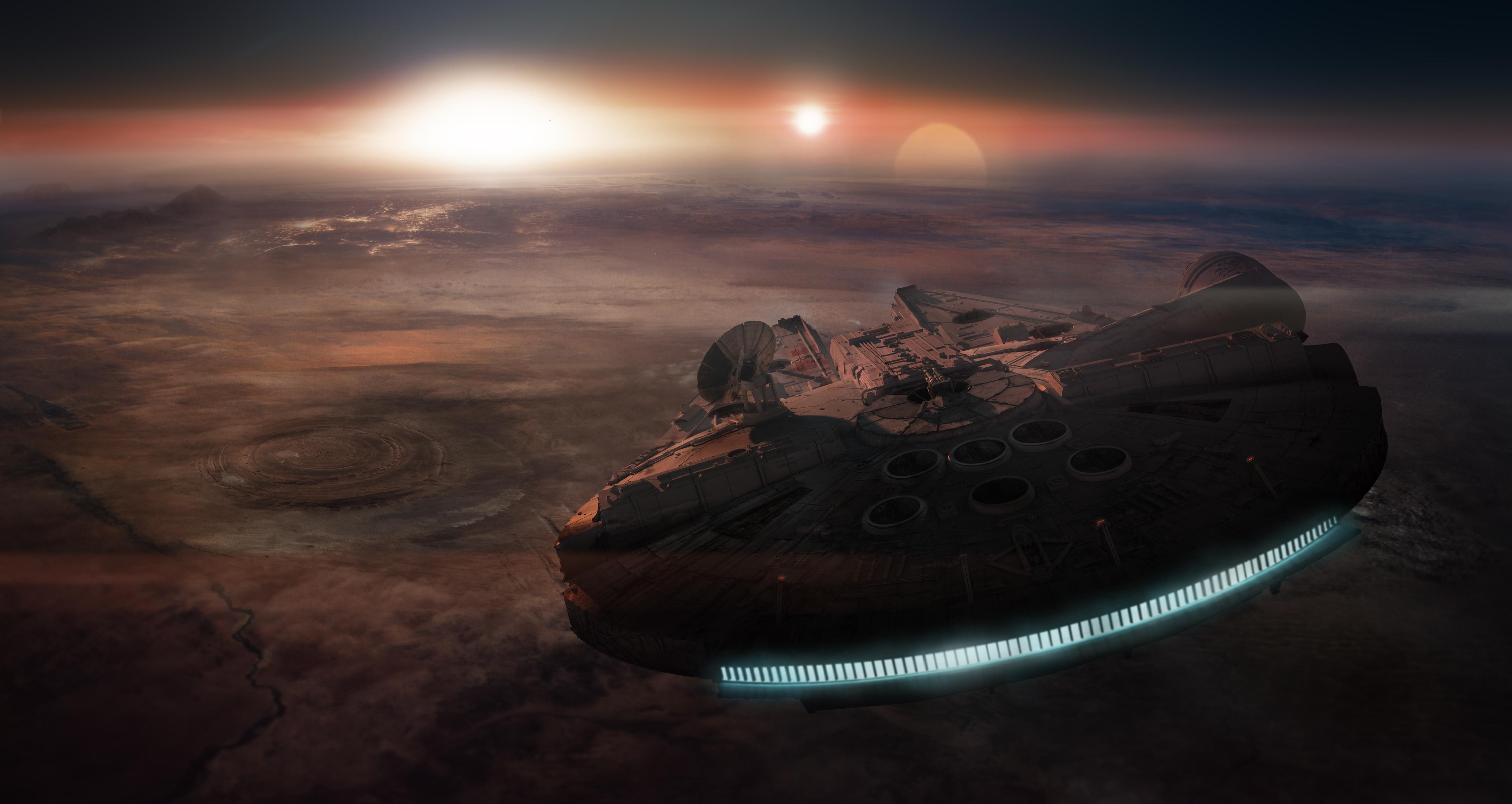 desert, 4K, sunset, Millennium Falcon, Star Wars, HD Wallpaper