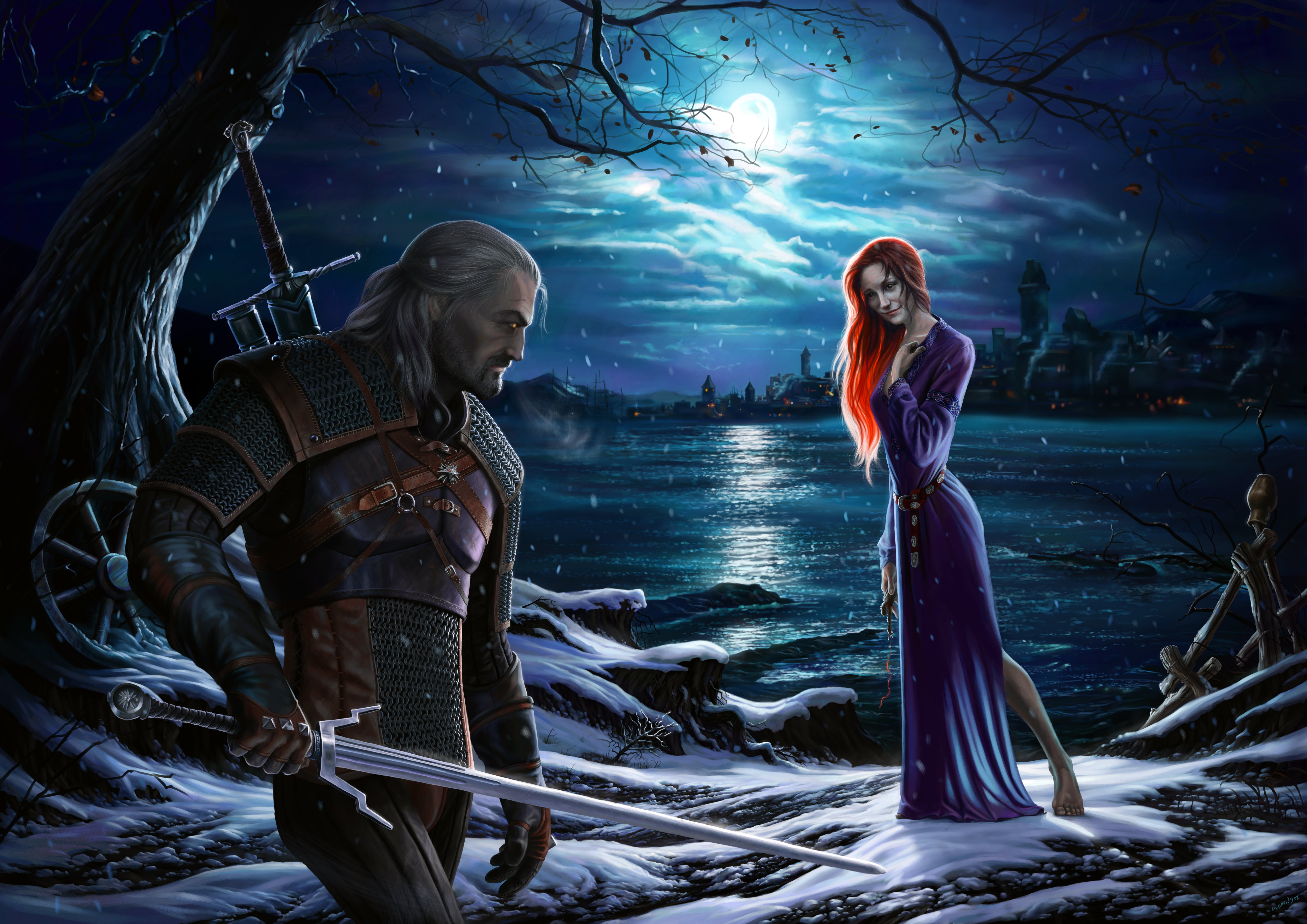 5K, illustration, King-Slayer, casual clothing, White Wolf, Gwynbleidd, rpg, people, White One, geralt, girls, women, purple, the moon, clothing, nature, HD Wallpaper