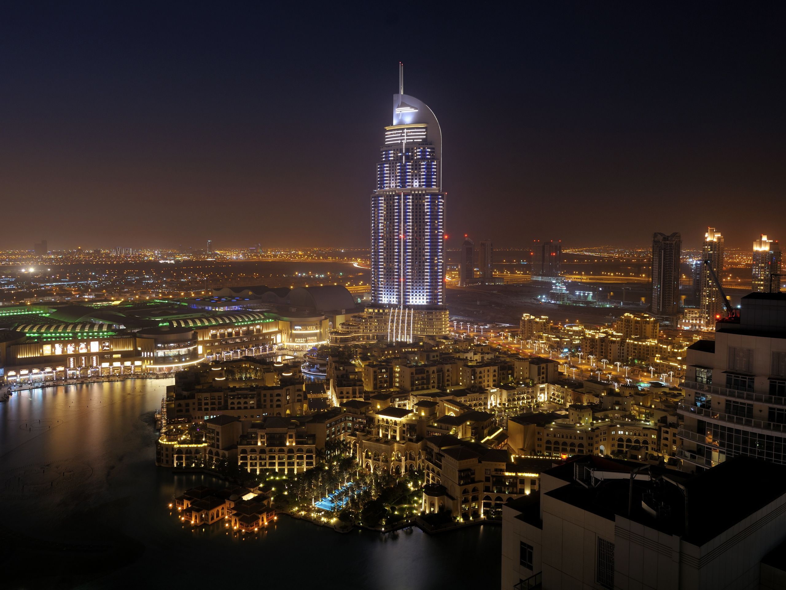 Emirates, home, road., the city, night, United, 2K, palm trees, water, Dubai, Cities, Arab, the hotel, naght, Arab kings, HD Wallpaper