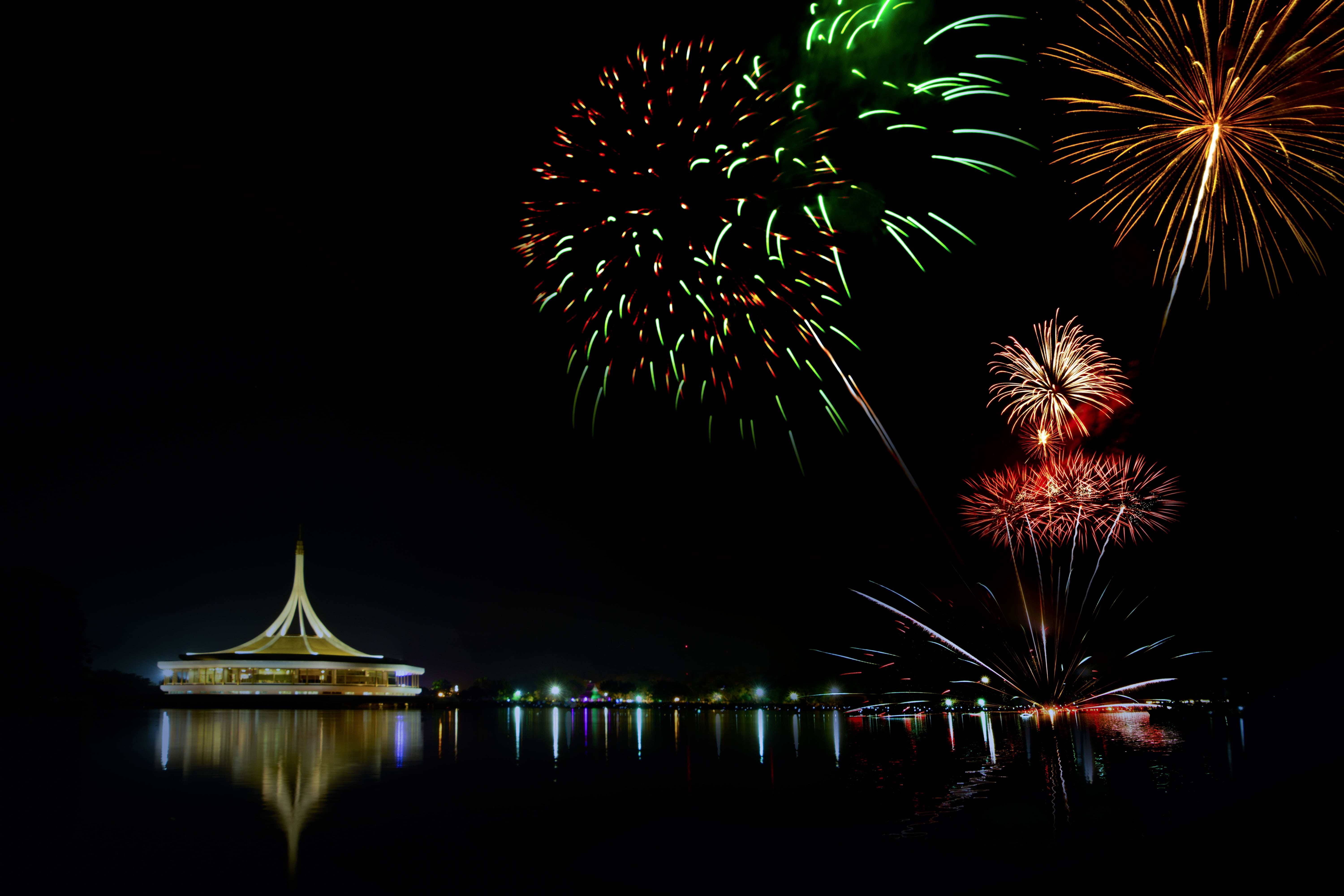 sky, travel destinations, nightlife, firework display, river, exercise, thailand, celebration, architecture, kingdom hall, firework - man made object, no people, HD Wallpaper