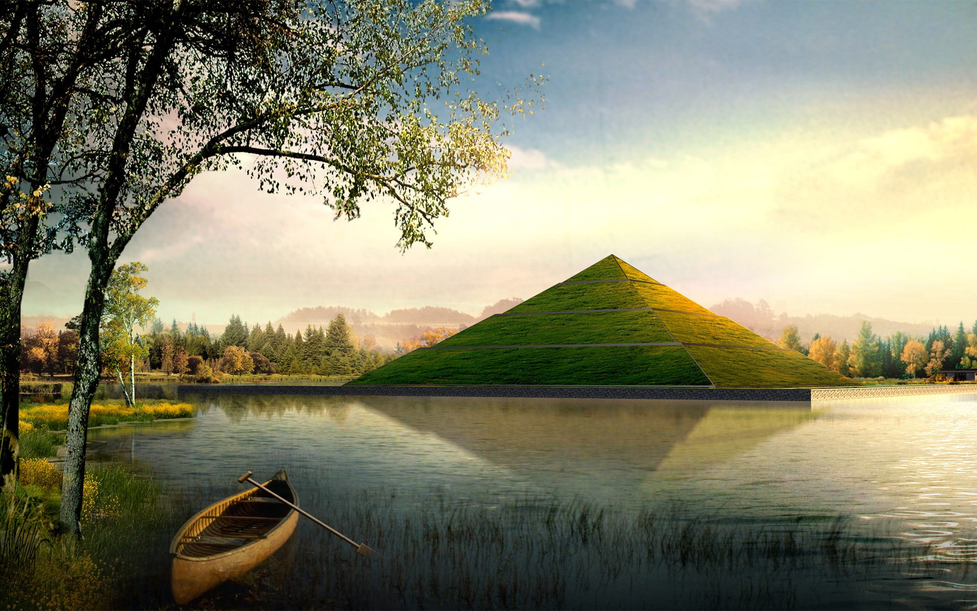 art, digital, canoe, nature, grass, 1080P, pyramids, lakes, HD Wallpaper