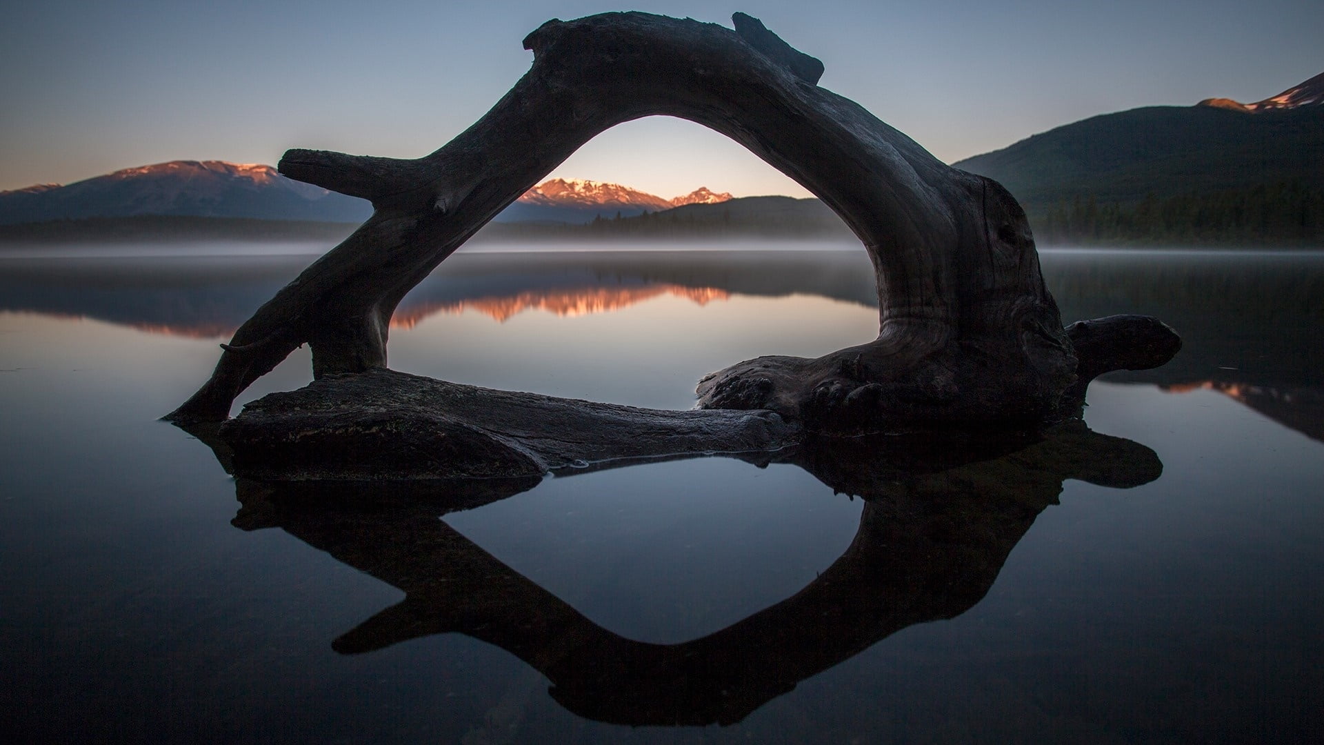 non-urban scene, calm, sunrise, pyramid lake, mist, waterfront, sky, tranquility, lake, jasper, national park, outdoors, arch, water, alberta, scenics - nature, HD Wallpaper