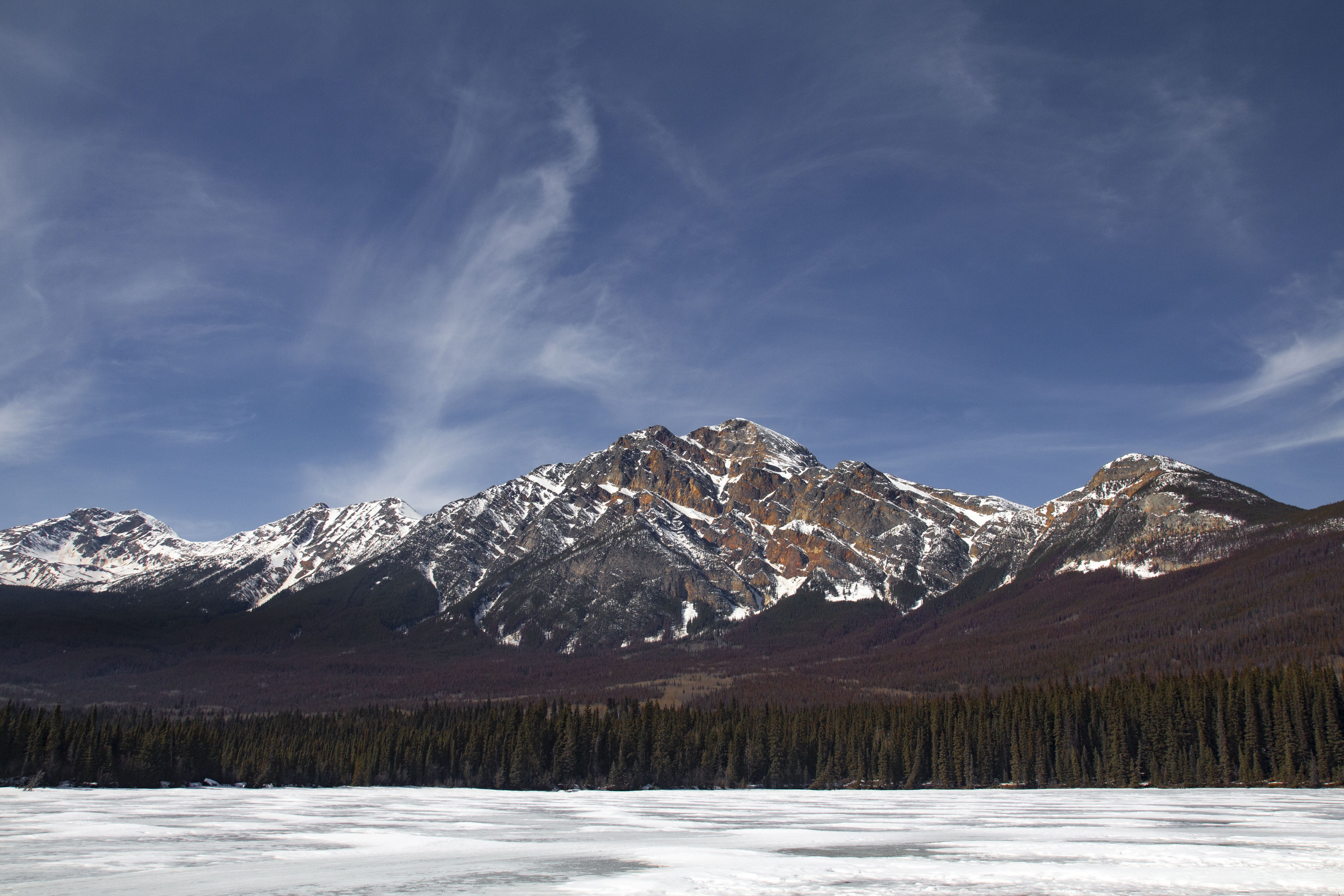 nature, scenics - nature, snowcapped mountain, pyramid island, jasper, formation, photography, winter, plant, no people, cloud - sky, cold temperature, HD Wallpaper