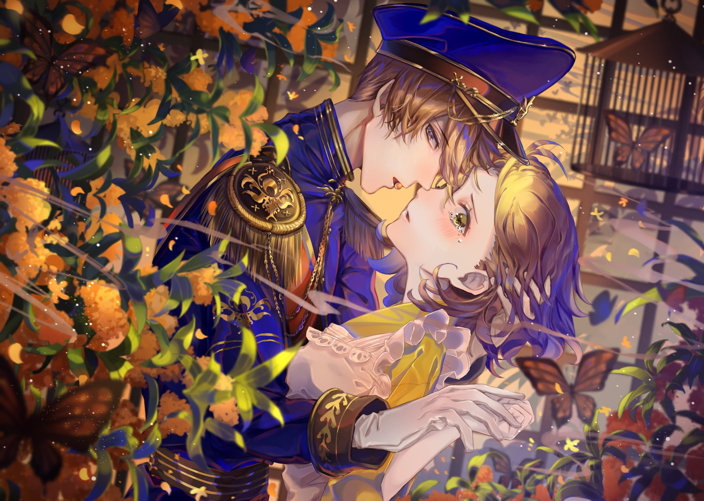 military uniform, Minami Leo, in the garden, the guy with the girl, hugs, butterfly, cap, blush, flier, epaulettes, gloves, tears, almost kiss, 1080P, HD Wallpaper