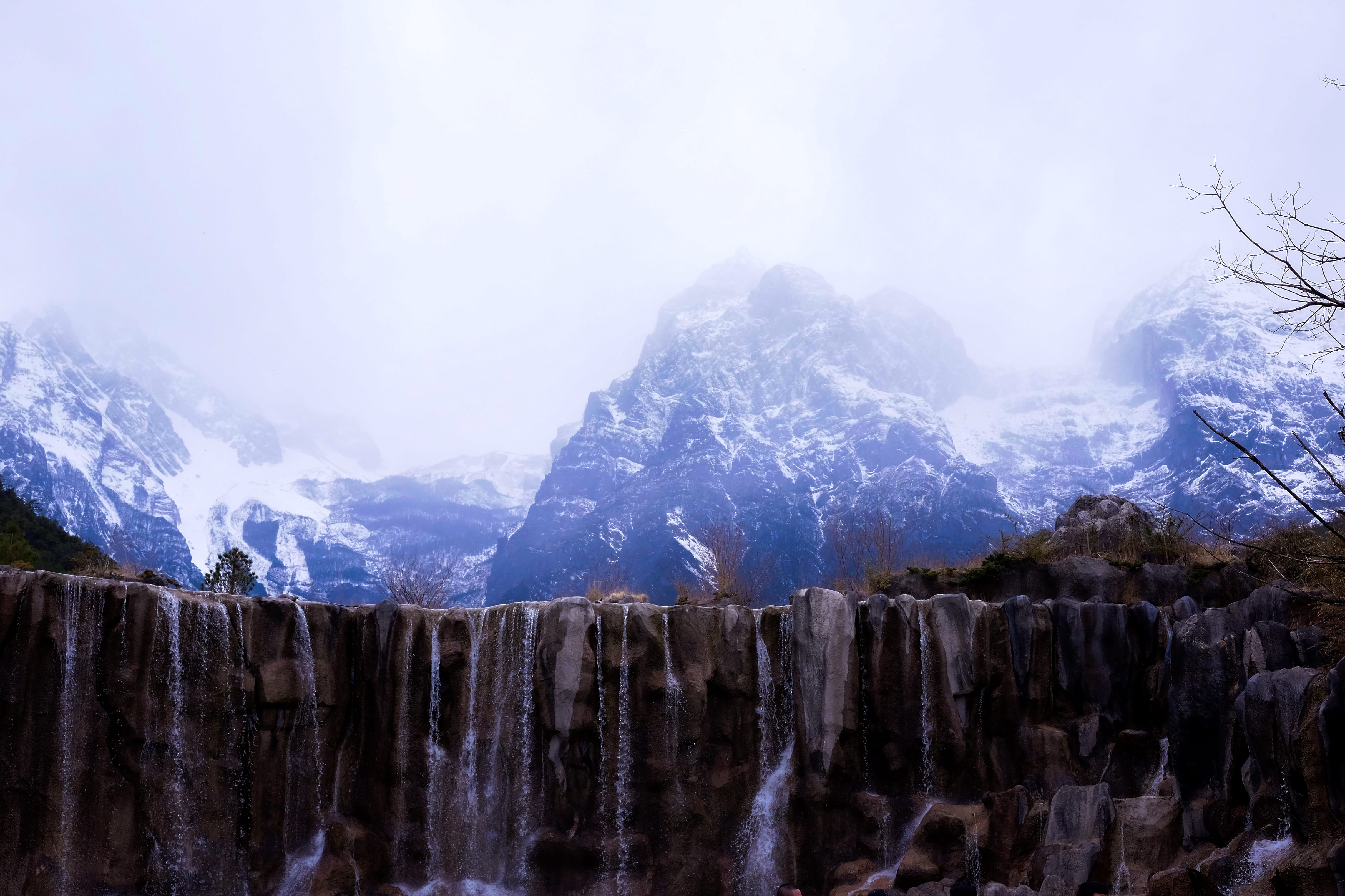 environment, highway, mountain, waterfall, travel, non-urban scene, rock formation, beauty in nature, outdoors, snow, tranquil scene, snowcapped mountain, HD Wallpaper