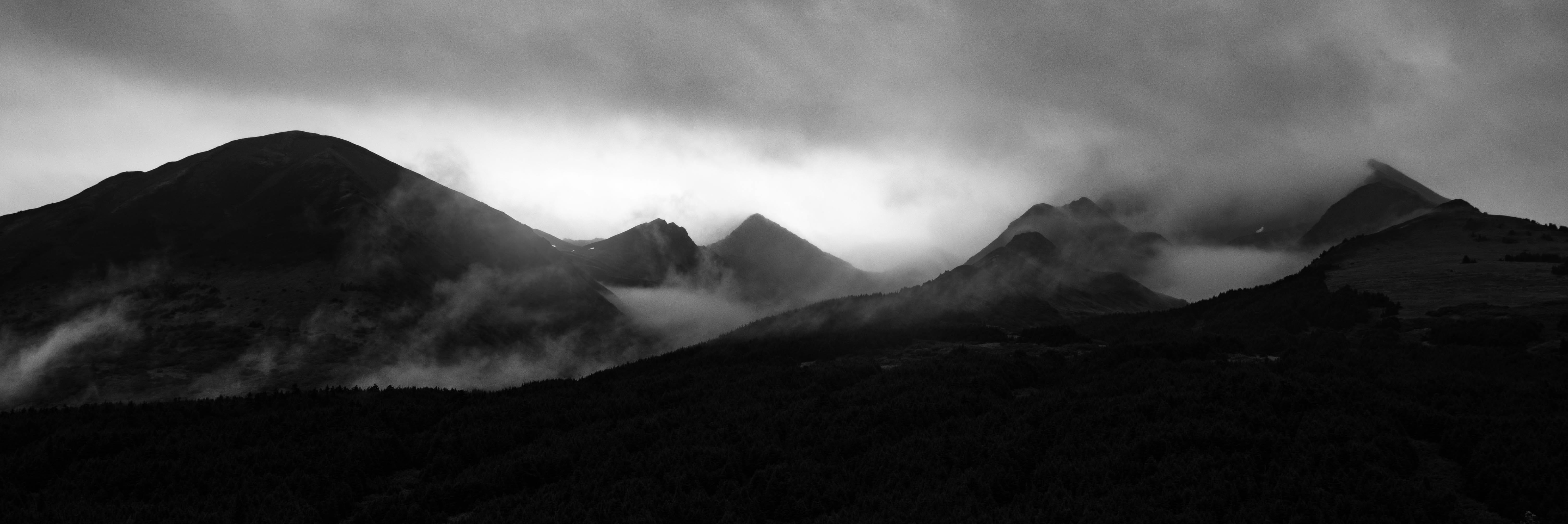 pnw, land, 5K, valley, rain, bandw, nature, black and white, moody, cloud - sky, mountain, cloudy, silhouette, sky, beauty in nature, seward highway, mountain range, HD Wallpaper