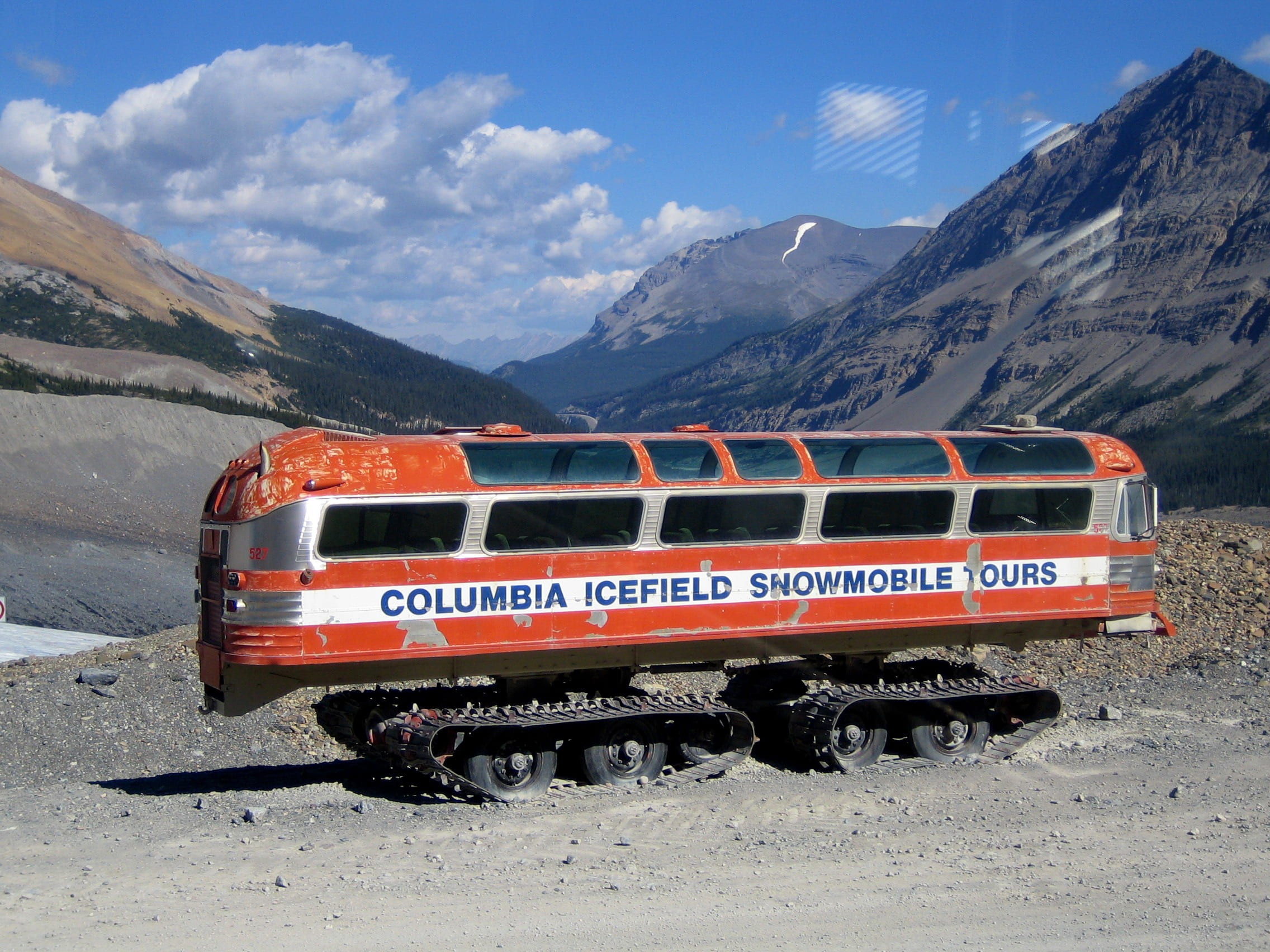 snowmobile, bus, tourist attraction, track, scenics - nature, public transportation, road, canada, sky, rocky mountains, text, rail transportation, red, HD Wallpaper