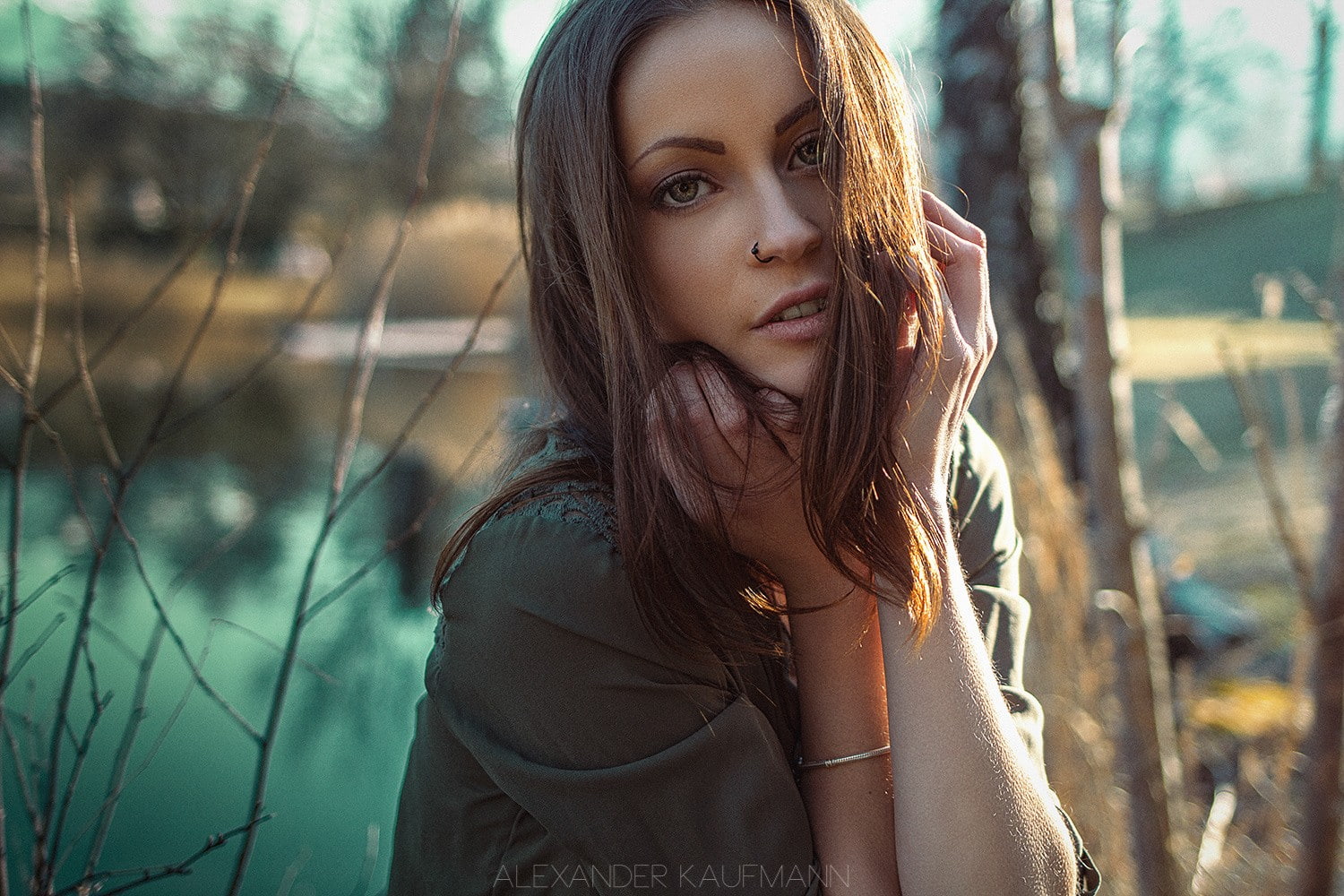 720P, women, hazel eyes, brunette, portrait, spring, women outdoors, pierced nose, hand on face, face, Alexander Kaufmann, HD Wallpaper