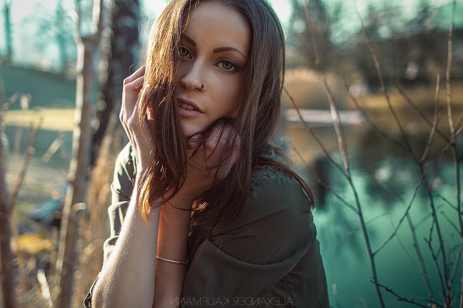 Hazel Eyes, 720P, Spring, Hand On Face, brunette, women, Alexander Kaufmann, face, Pierced Nose, portrait, Women Outdoors, HD Wallpaper