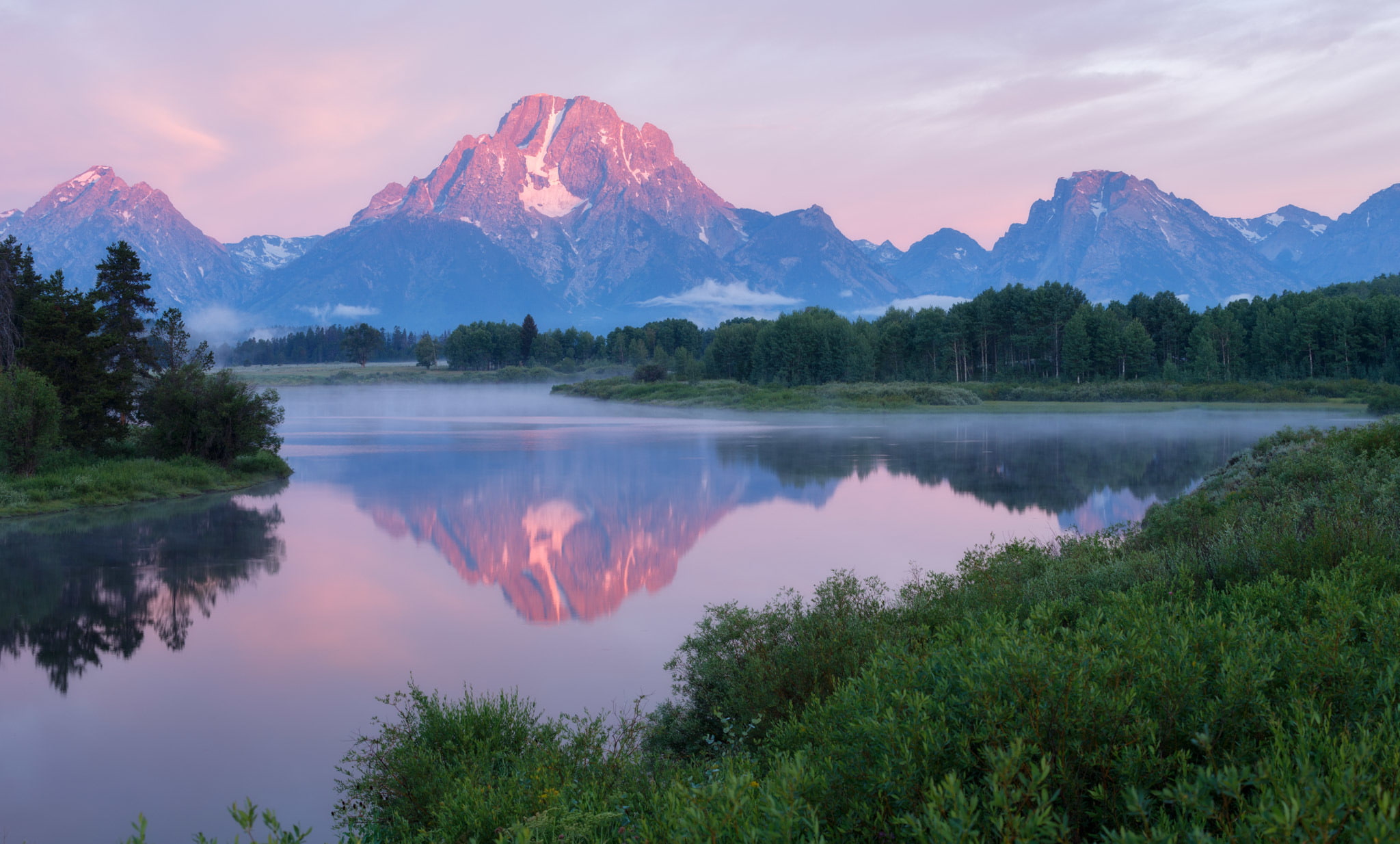 USA, Oxbow Bend, fog, clouds, the sky, reflection, forest, Wyoming, trees, morning, river, Grand Teton, mountains, 1080P, water, national Park, HD Wallpaper