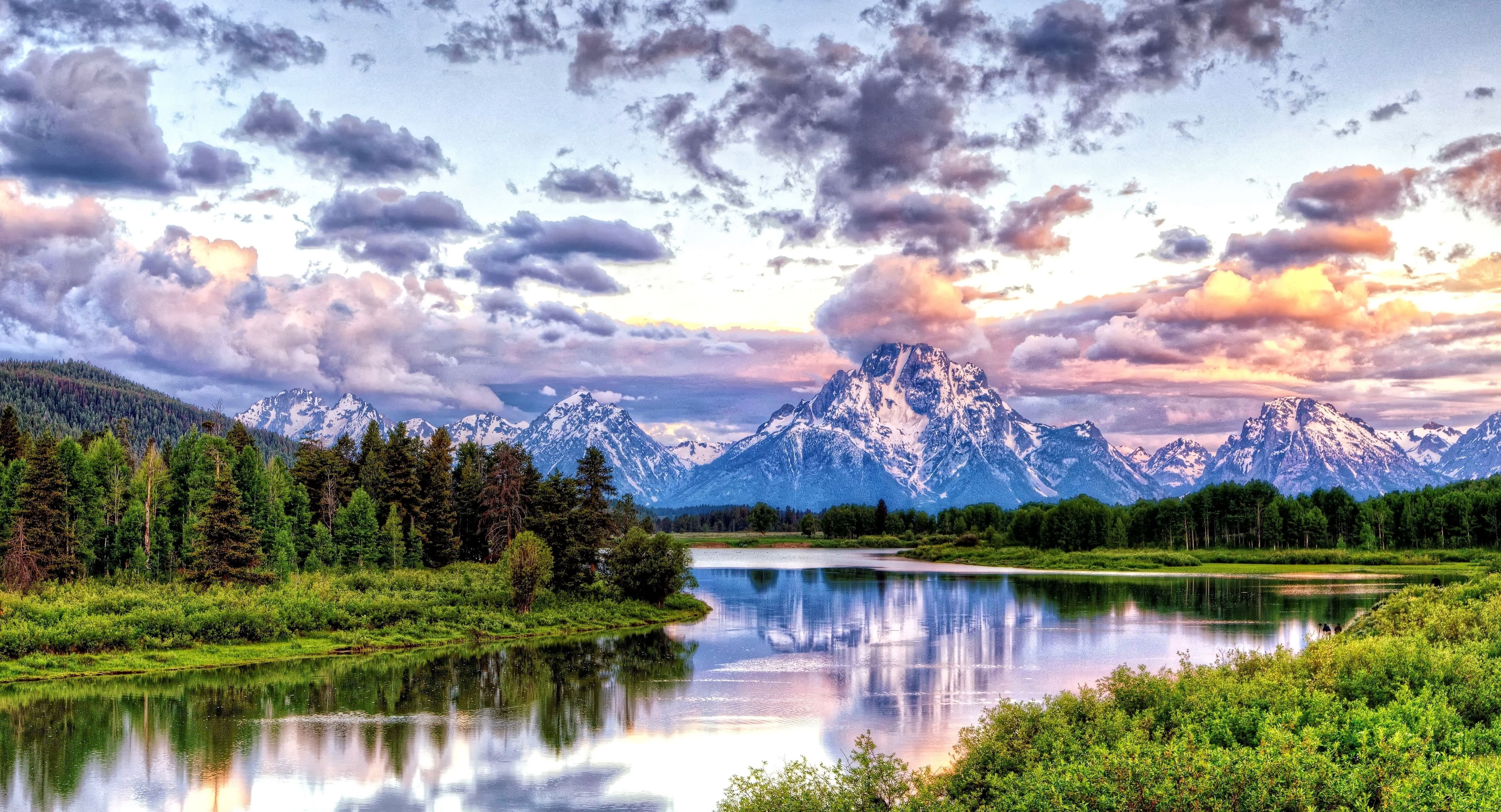 bend, Mountains, oxbow, clouds, HDR, sunrise, river, grand, sunset, Teton, park, national, 4K, HD Wallpaper