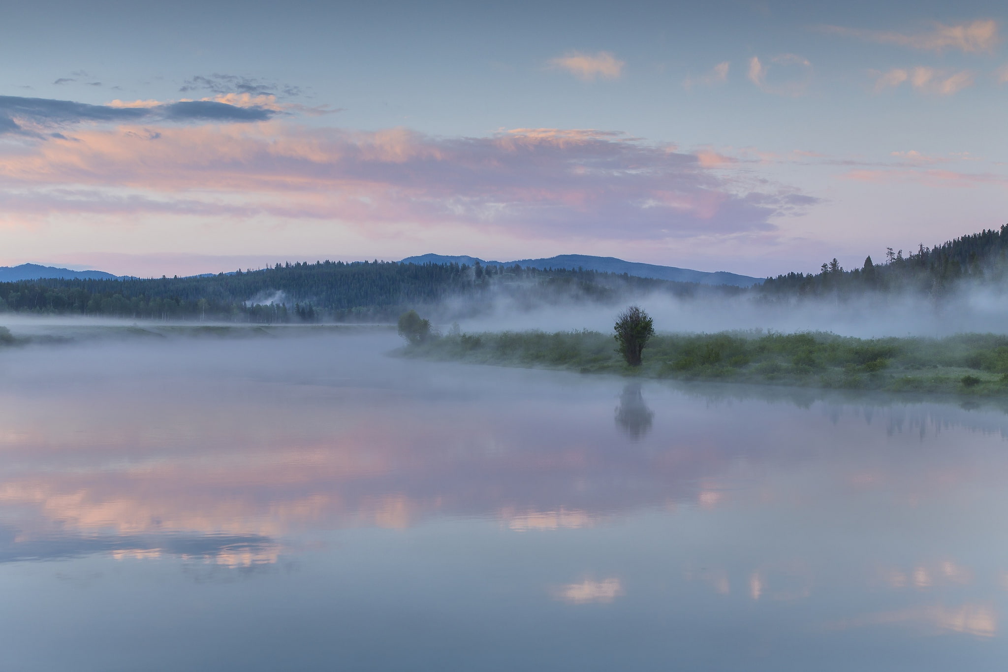 Oxbow Bend, National Park, morning, mist, 1080P, sky, USA, the sky, lake, reflection, fog, forest, clouds, Wyoming, HD Wallpaper