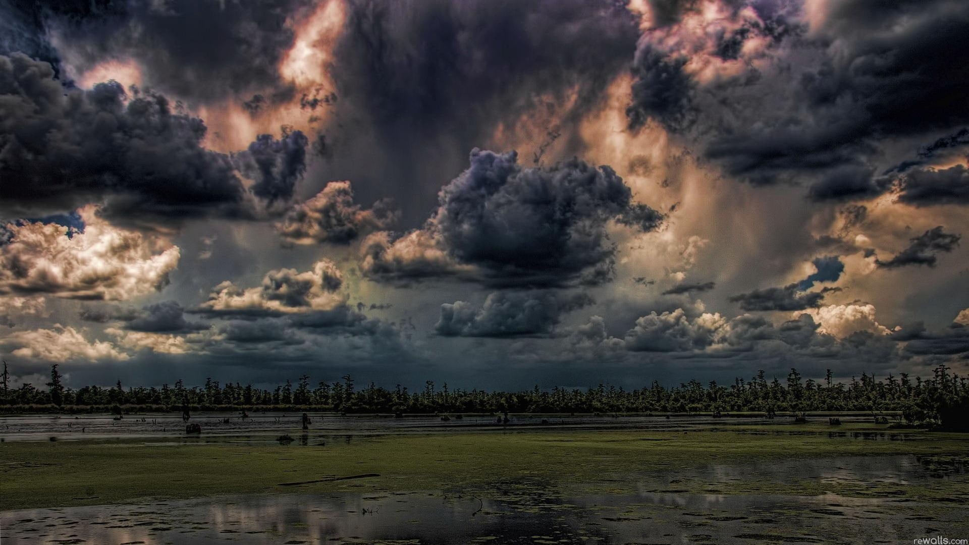 marshl, grass storm, hdr, 1080P, nature and landscapes, clouds, storm, marsh, HD Wallpaper