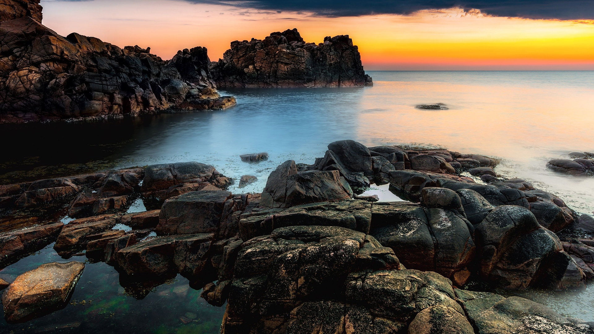 rock - object, cloud - sky, natural object, wave, material, water, coast, breakwater, nature, stone, travel, long exposure, tranquility, barrier, 1080P, HD Wallpaper