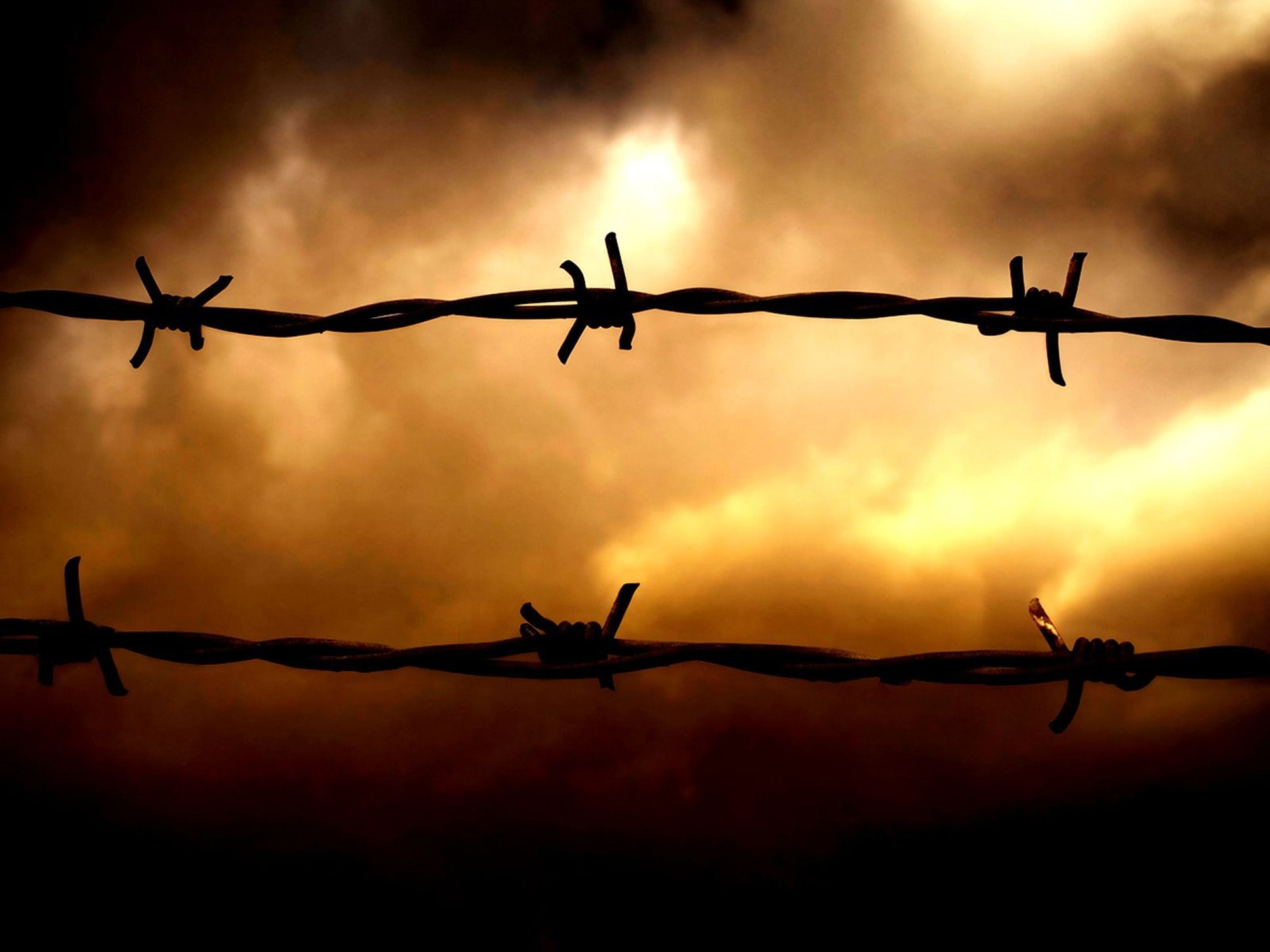 metal, cloud - sky, 1080P, security, nature, sharp, Barbed wire, no people, orange color, Obstruction, Sunset, warning sign, boundary, sign, silhouette, HD Wallpaper