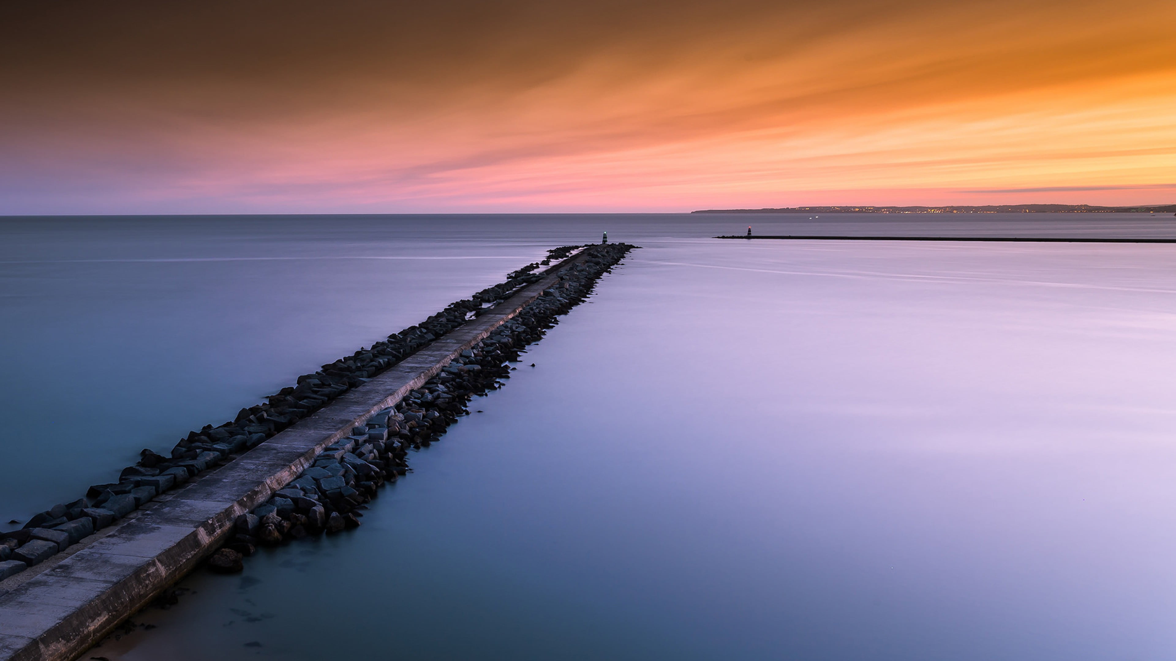 sunset, shoreline, breakwater, salt flat, peaceful, beach, shore, seascape, reflection, holiday, land, coastline, clouds, vacation, dusk, seashore, rocks, HD Wallpaper