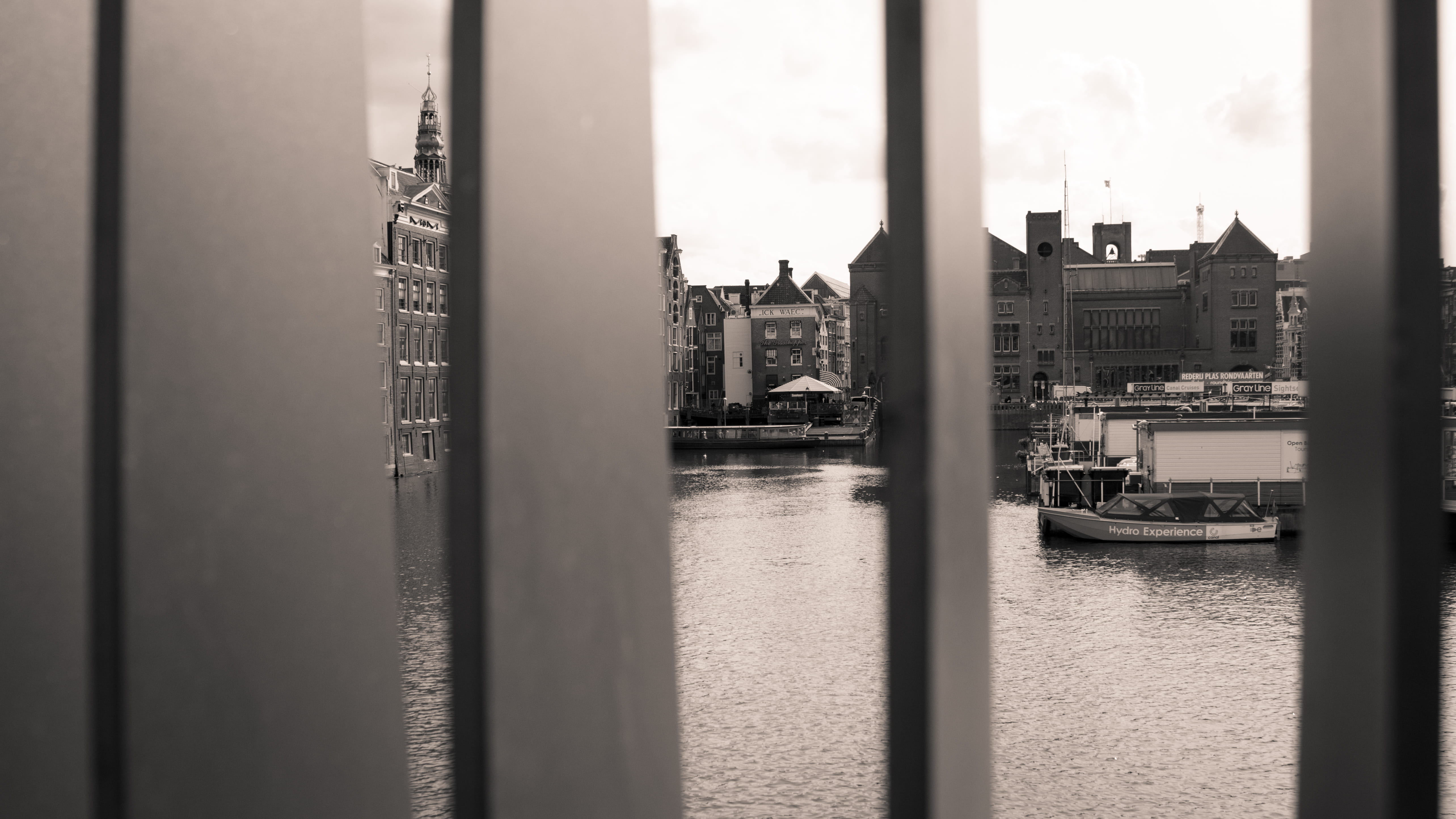 city, transportation, passenger craft, looking through, mode of transportation, water, netherlands, sky, sepia, canal, 5K, monochrome, no people, obstructed view, HD Wallpaper