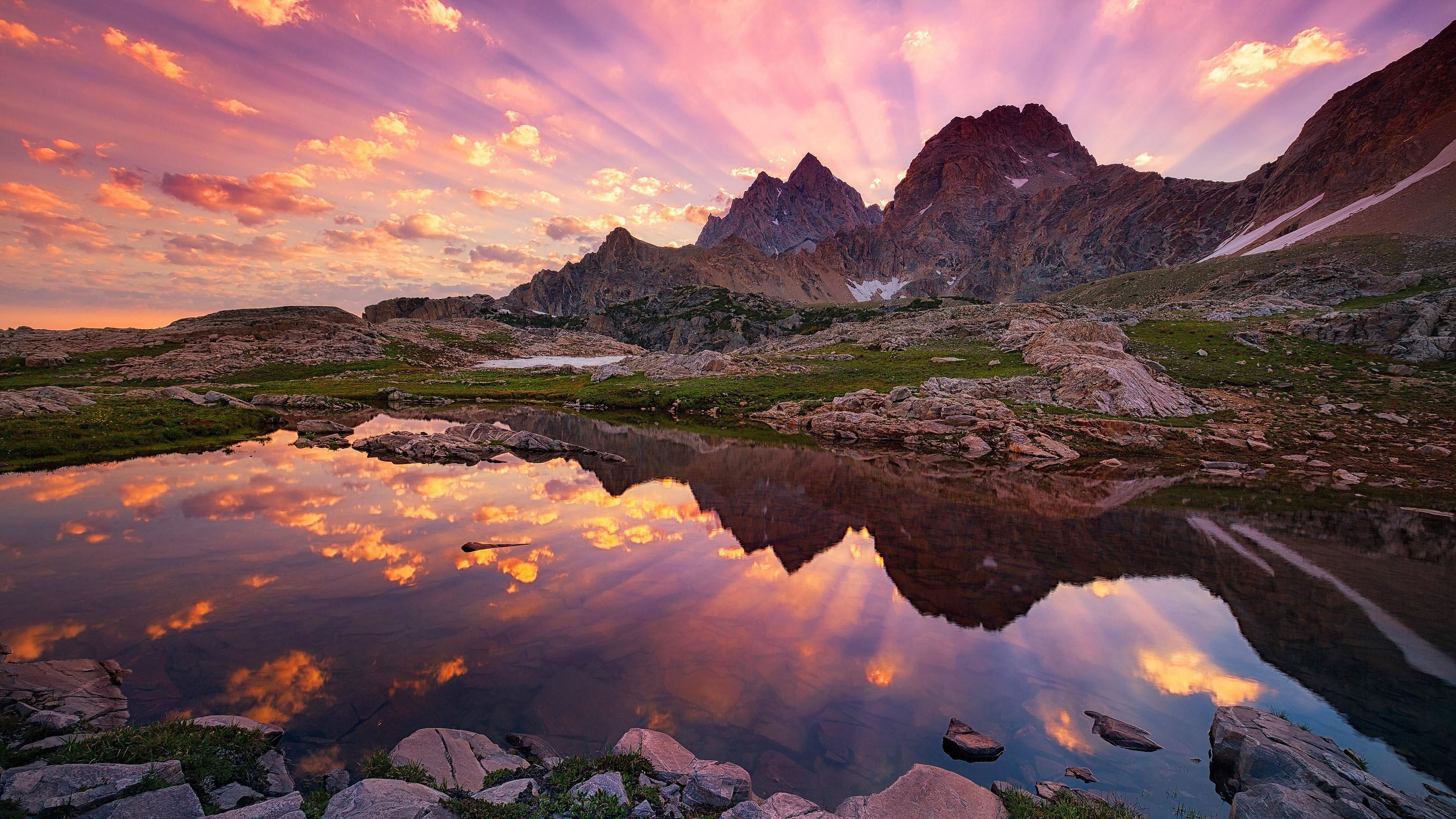 glacier national park, amazing, lake, scenics - nature, rock, solid, cloud - sky, outdoors, water, sunrise, cracker lake, sky, 4K, sunset, reflection, HD Wallpaper