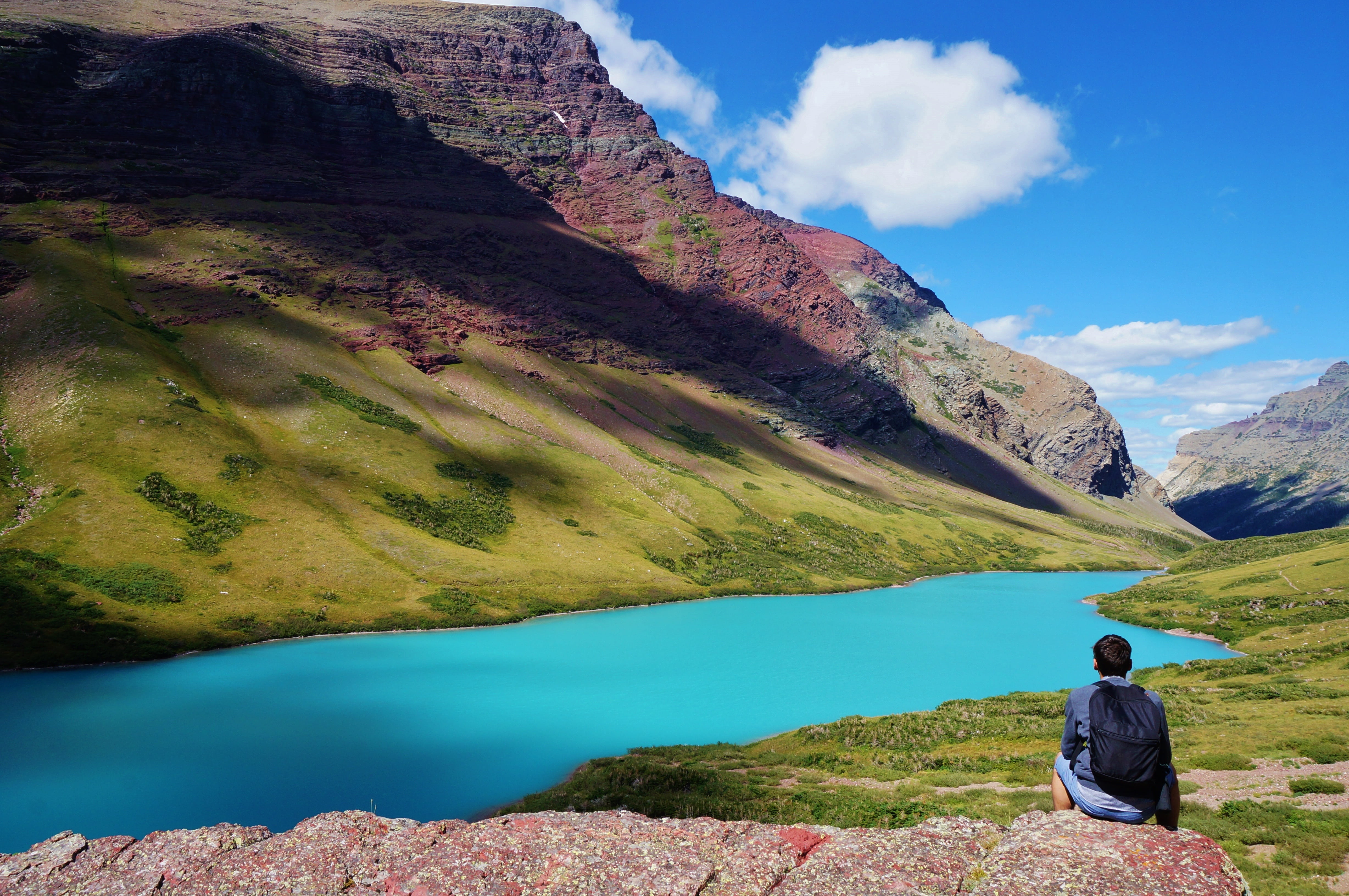 sits, cracker, boy, daytime, one person, trail, scenics - nature, america, lake, scenics, hike, wilderness, real people, trip, landscape, siyeh glacier, HD Wallpaper