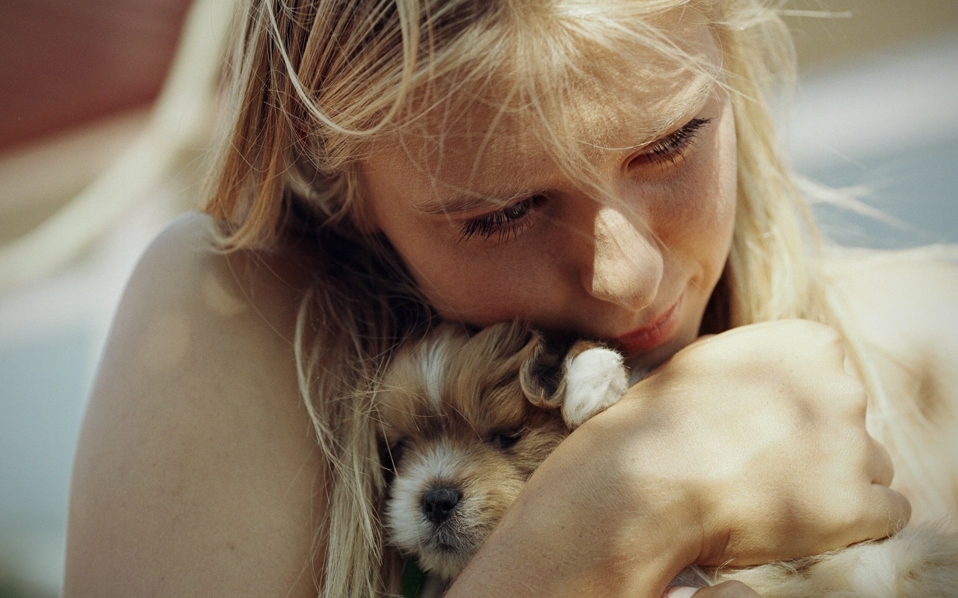 cuddling, portrait, women, tennis, art, 1080P, sharapova, animals, blondes, hd, maria, dogs, puppies, x, HD Wallpaper