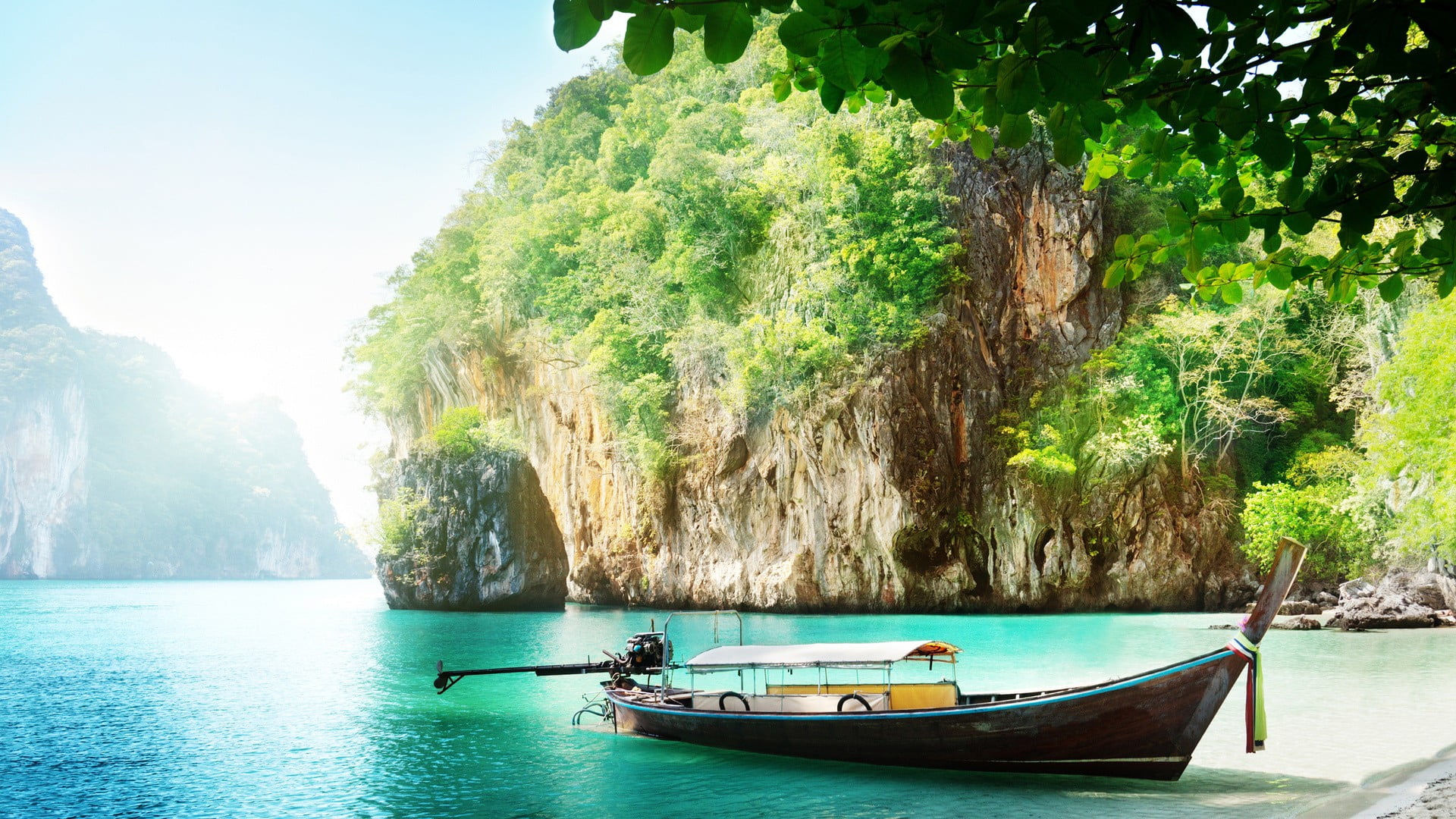 boat, scenics - nature, sky, rock formation, white, landscape, transportation, 1080P, waterfront, nautical vessel, tree, beach, formation, sea, tranquility, HD Wallpaper
