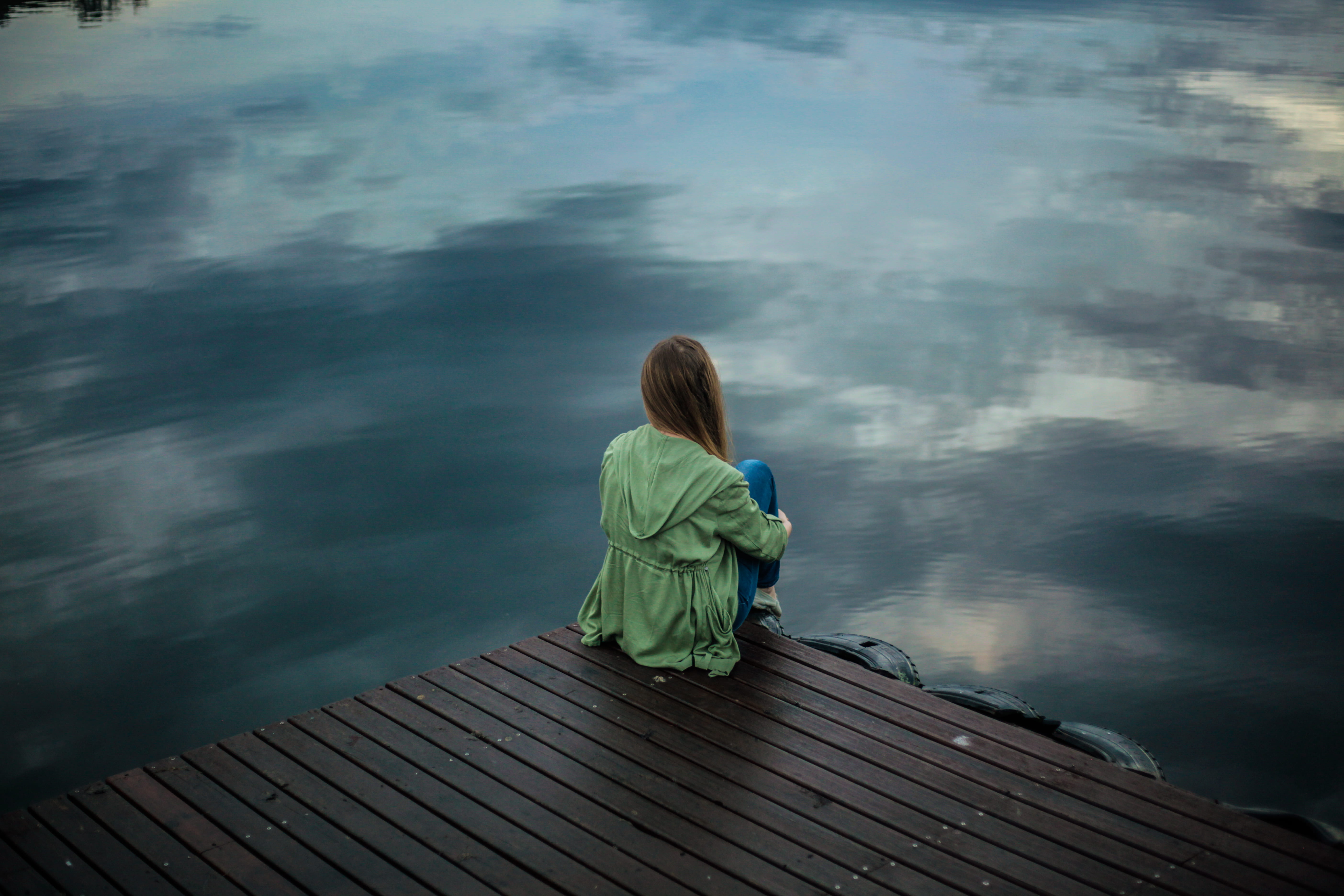 pier, wood paneling, wood - material, dock, hairstyle, beauty in nature, contemplation, facing, lifestyles, lake, outdoors, nature, real people, 5K, reflection, HD Wallpaper