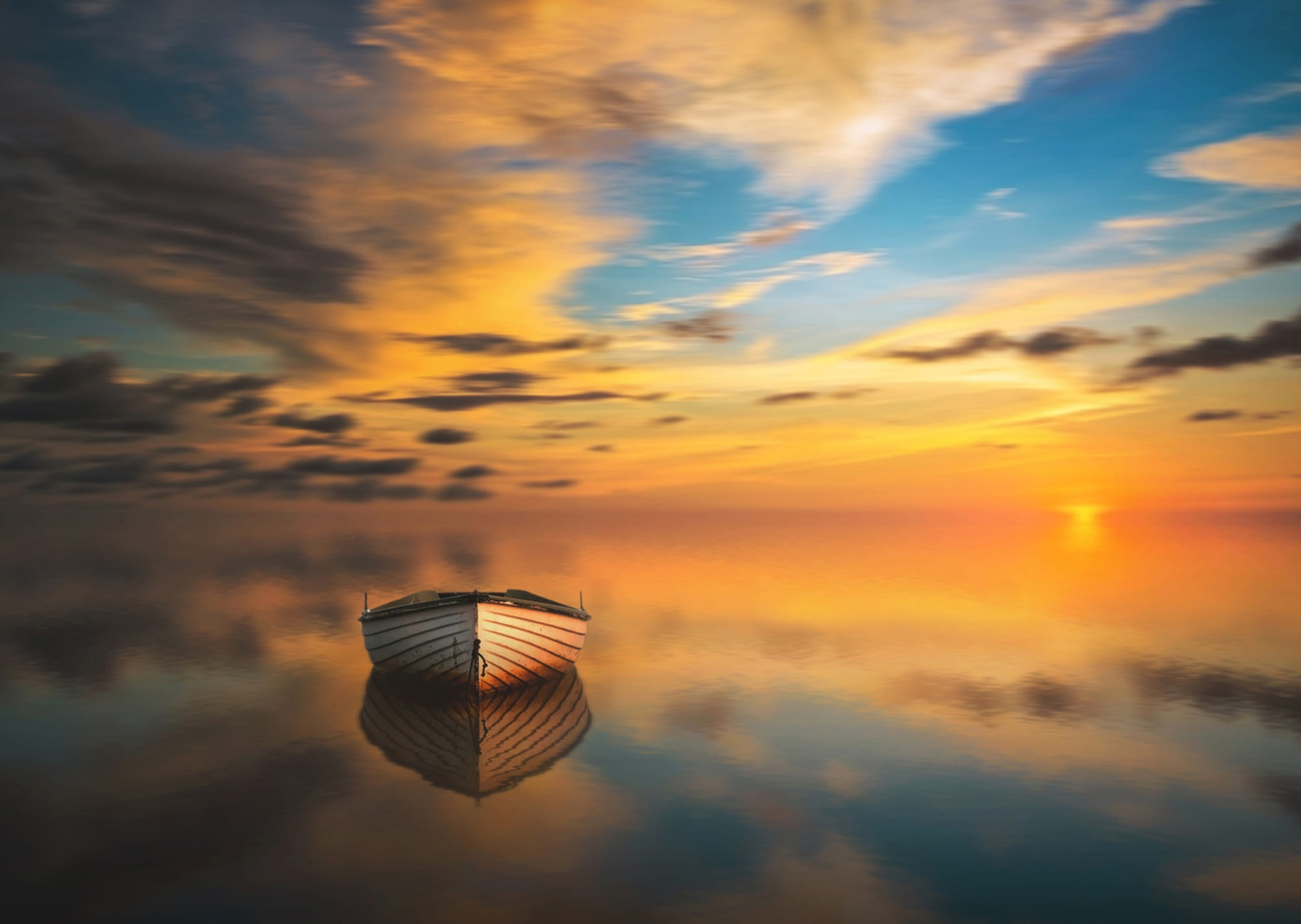 boat, orange color, reflection, outdoor, sunny, yellow, beauty in nature, canoe, nature, brown, panoramic, beautiful, idyllic, sunset, tranquility, landscape, HD Wallpaper