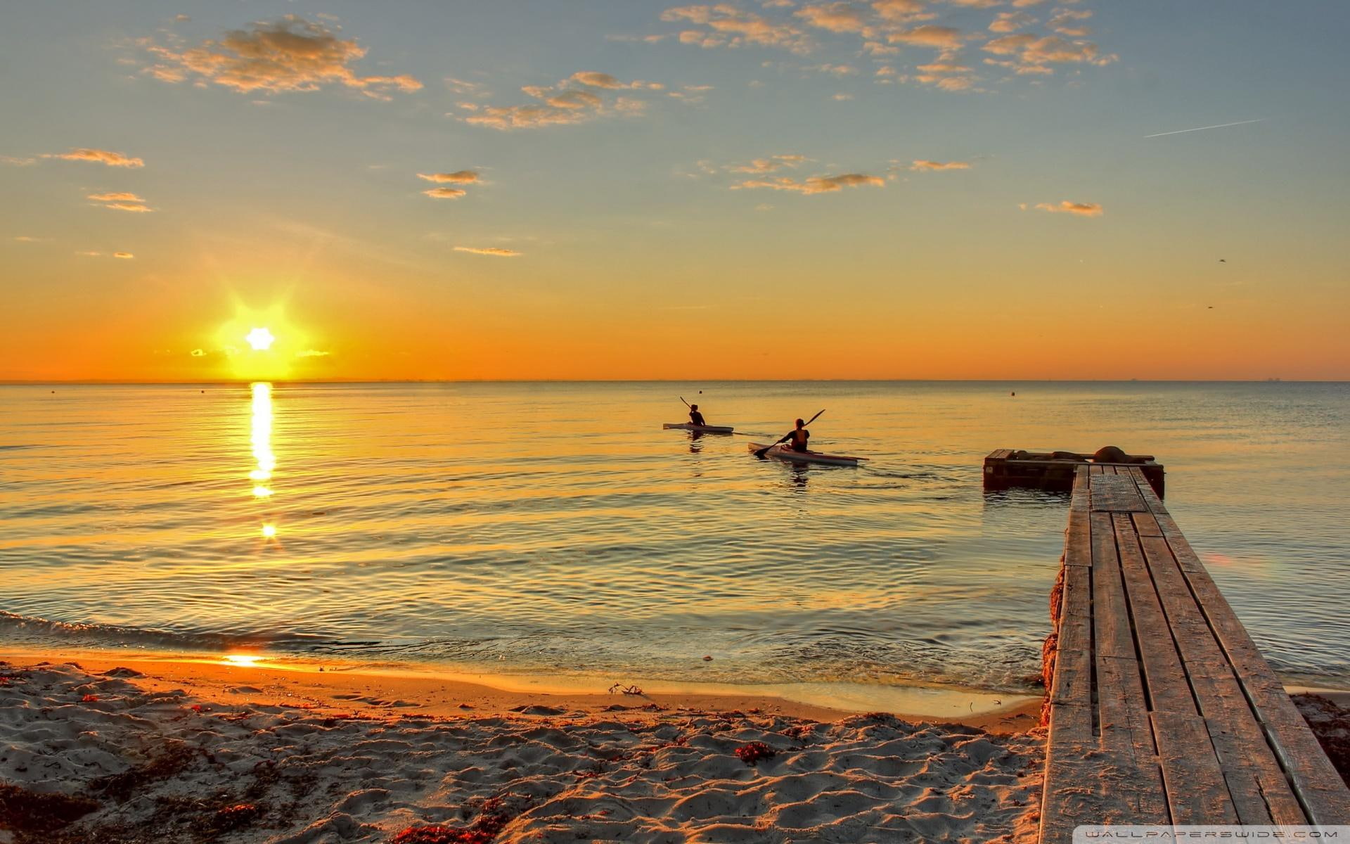 beach, 1080P, kayaks, dock, kayaking, sunset, nature and landscapes, HD Wallpaper