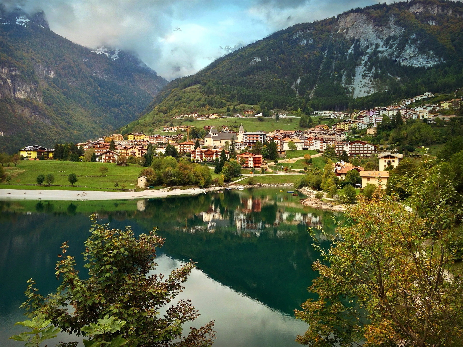 Houses, Molveno, Lake, Clouds, Mountains, Italy, 1080P, HD Wallpaper