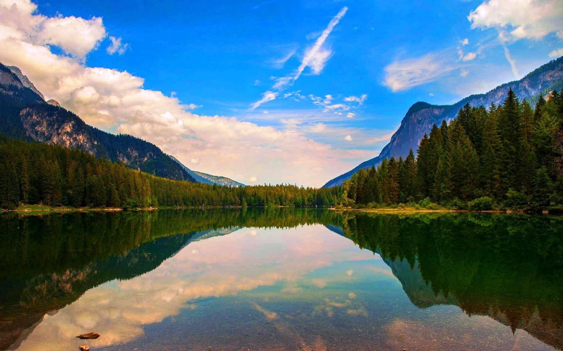calm, nature, trees, reflection, forest, 1080P, clouds, water, mountains, lake, summer, landscape, Italy, HD Wallpaper