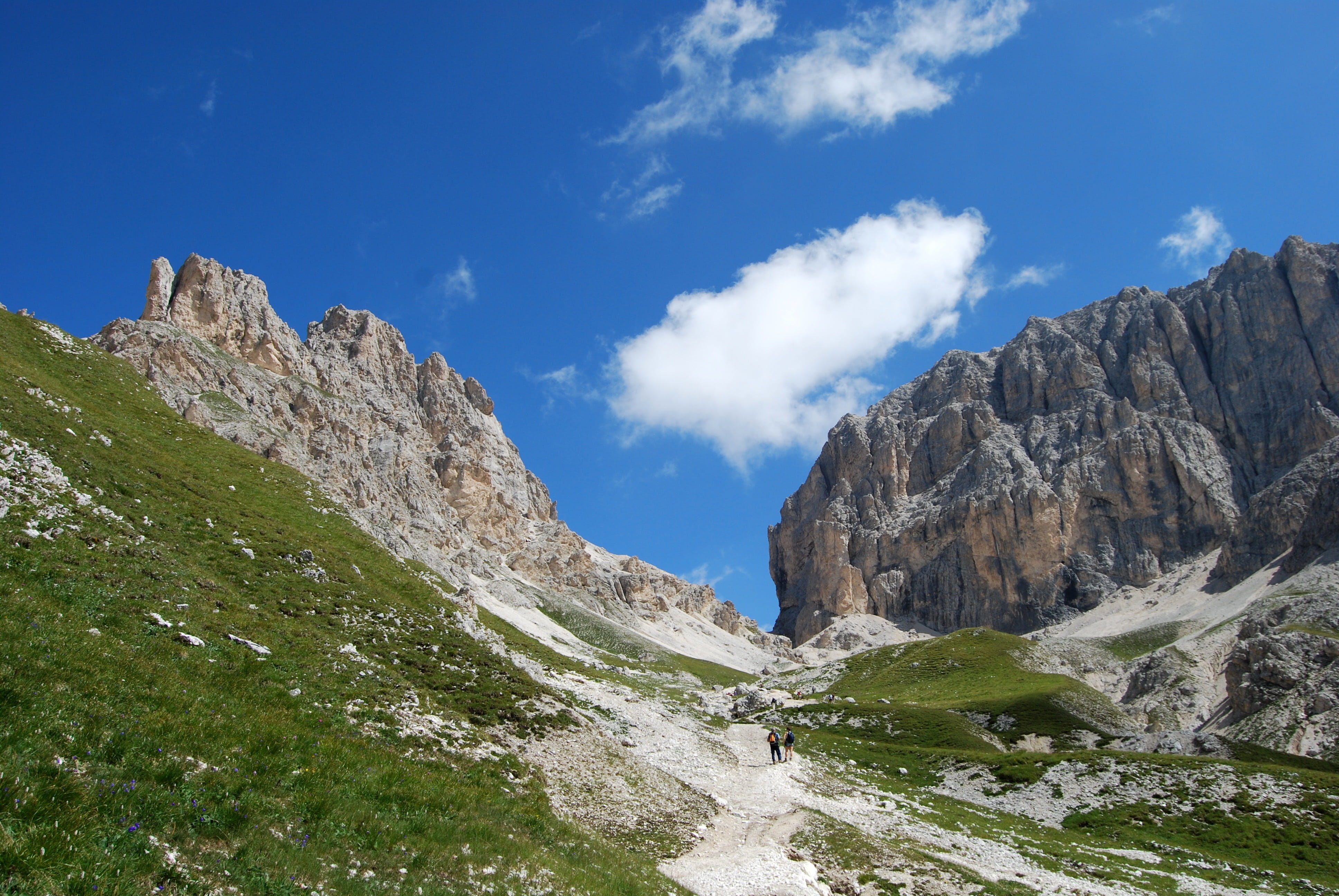 environment, mountain range, 4K, dolomites, land, cloud, trentino, water, activity, leisure activity, plant, tranquil scene, hiking, sky, rock, landscape, HD Wallpaper