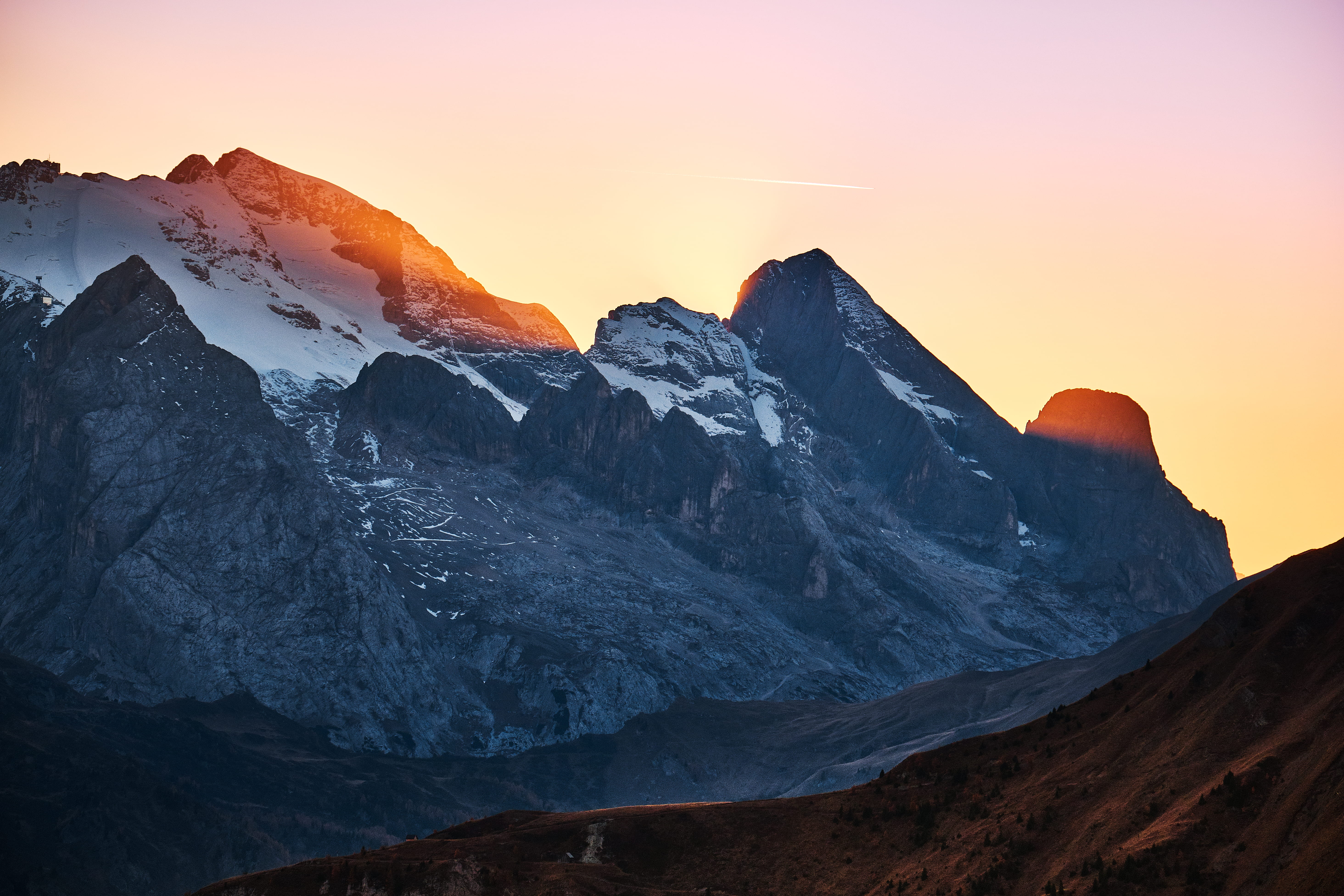 rock, mountain, sun, mountain range, environment, tranquil scene, moutain, solid, outdoors, nature, rock - object, sky, sunlight, glow, trentino, mountain peak, HD Wallpaper
