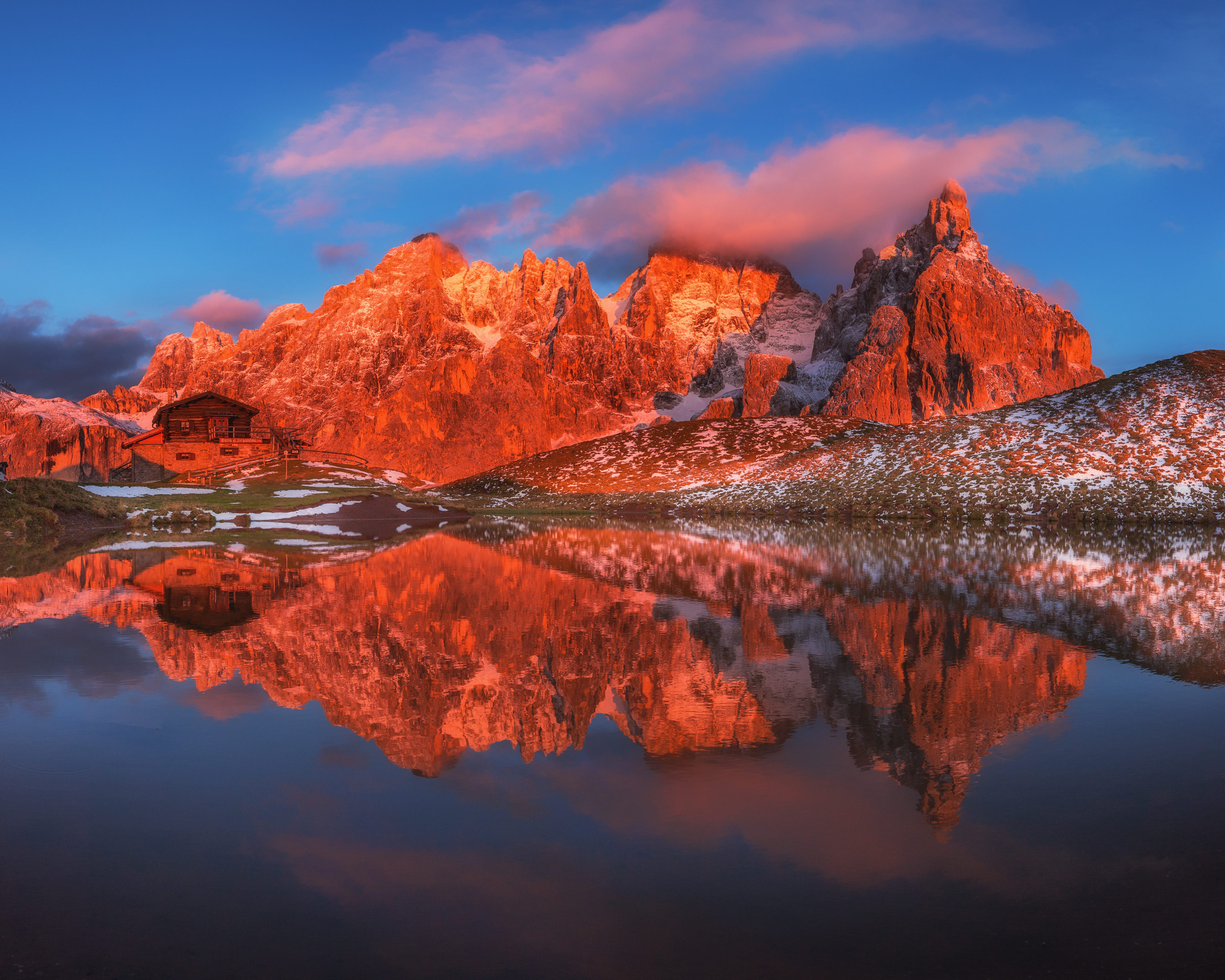 dolomite, scenics - nature, photo, rocky, cloud, orange, stone, waterfront, sunrise, idyllic, beauty in nature, contrast, symmetry, day, sunset, hill, low, HD Wallpaper
