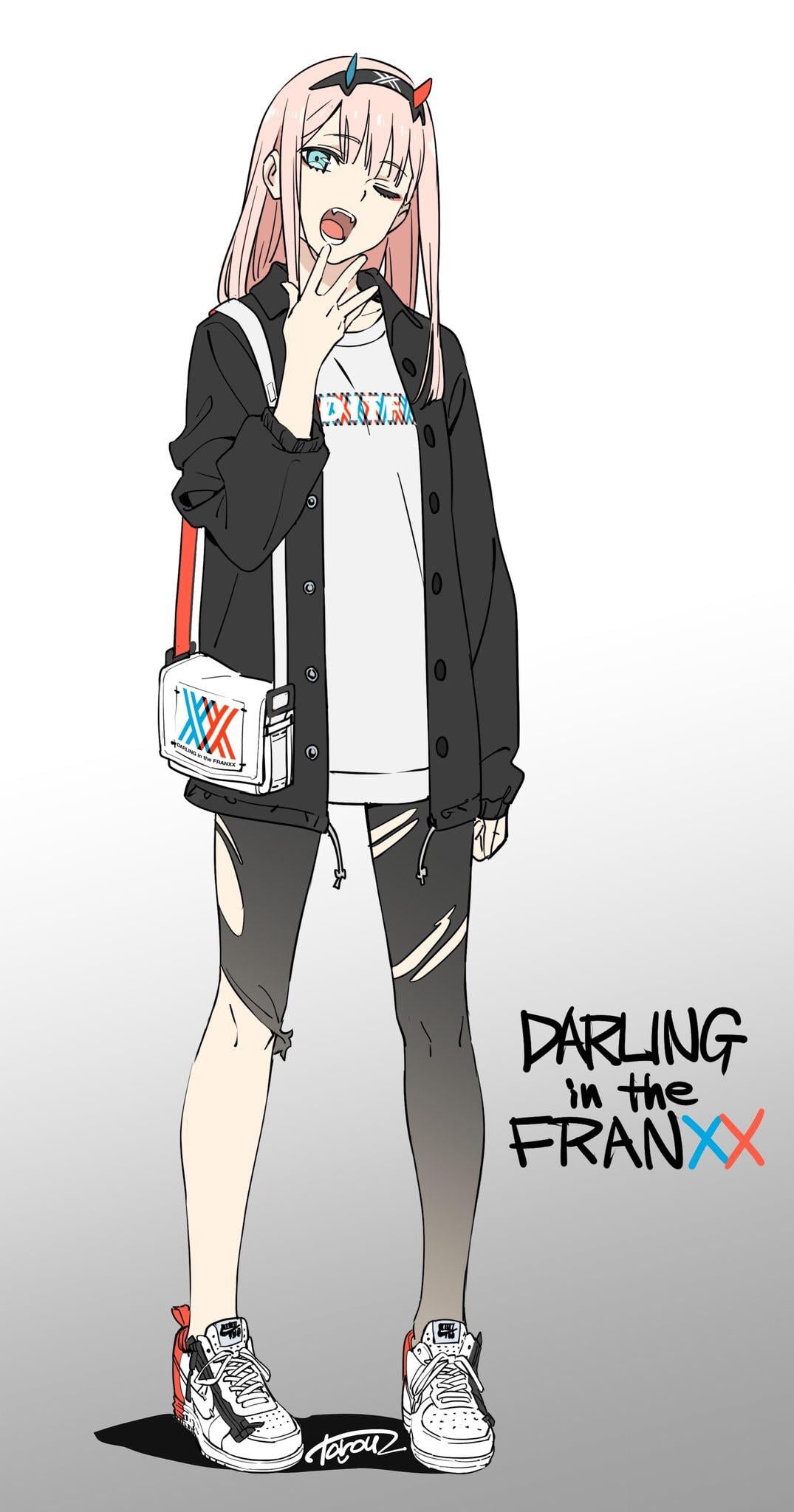 yawning, 1080P, sneakers, pink hair, leggings, white background, Zero Two (Darling in the FranXX), Darling in the FranXX, Phone HD Wallpaper