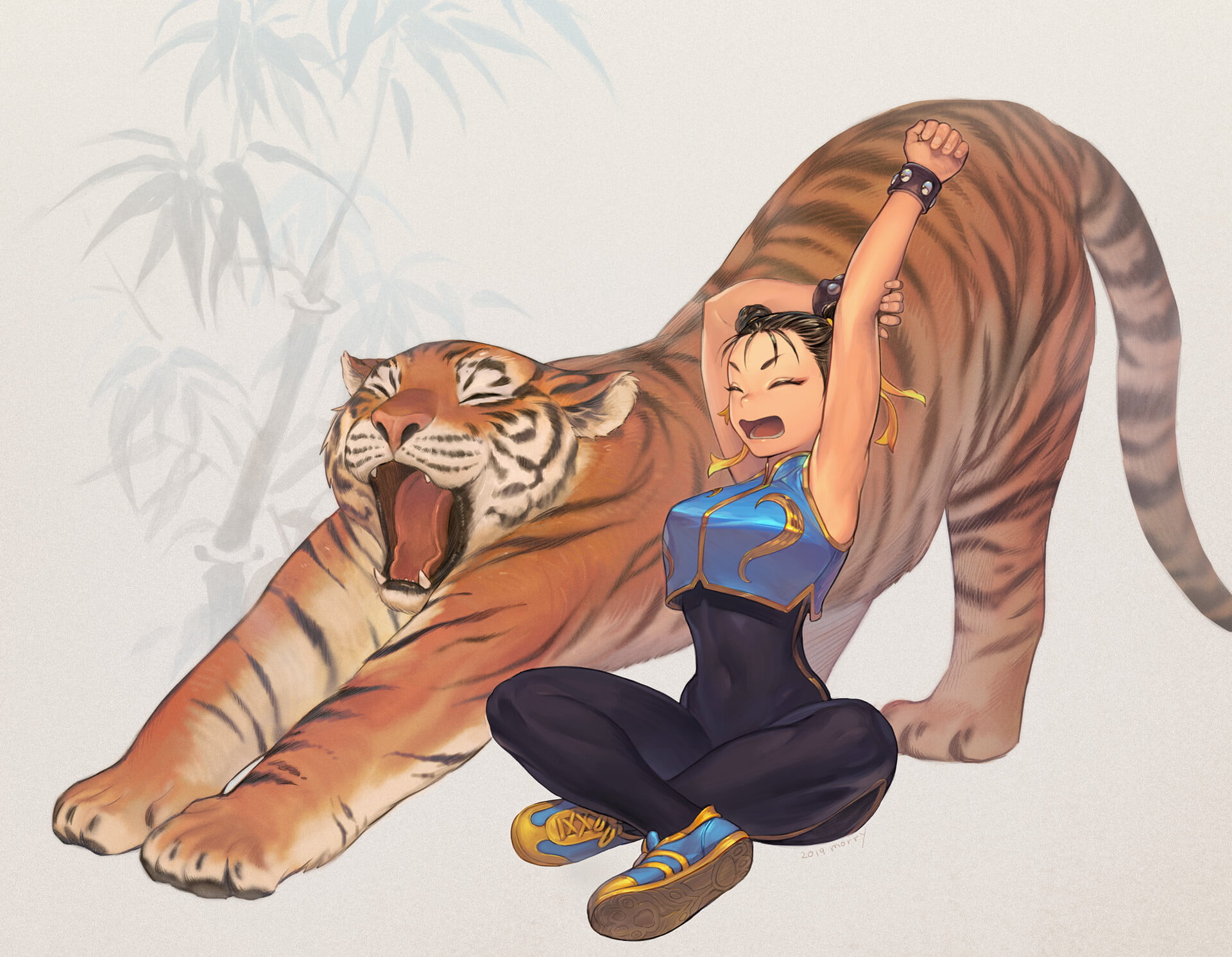 animals, fangs, yawning, women, Street Fighter, Chinese clothing, digital art, Chun-Li, tiger, anime girls, artwork, 1080P, teeth, HD Wallpaper