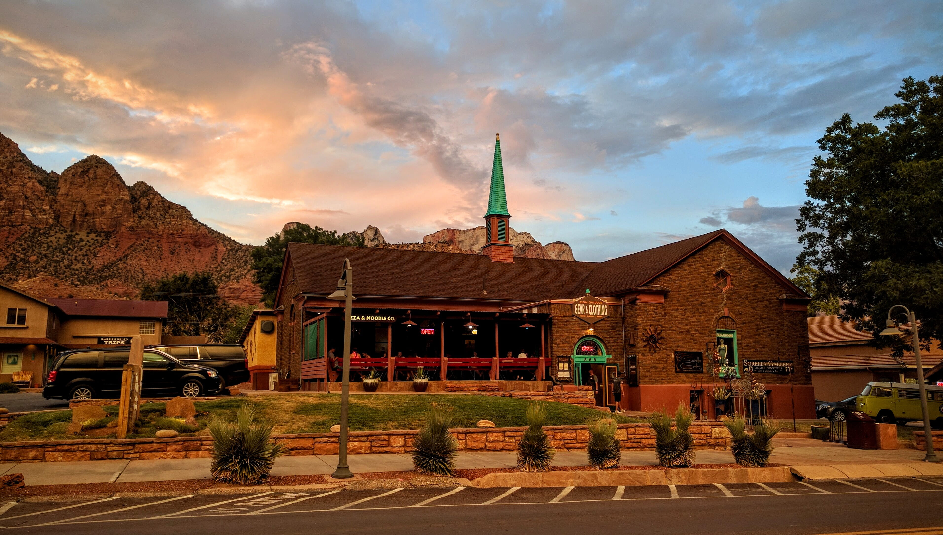 place of worship, restaurant, spire, sky, mountains, plant, nature, clouds, tree, belief, built structure, sunset, spirituality, building exterior, building, HD Wallpaper