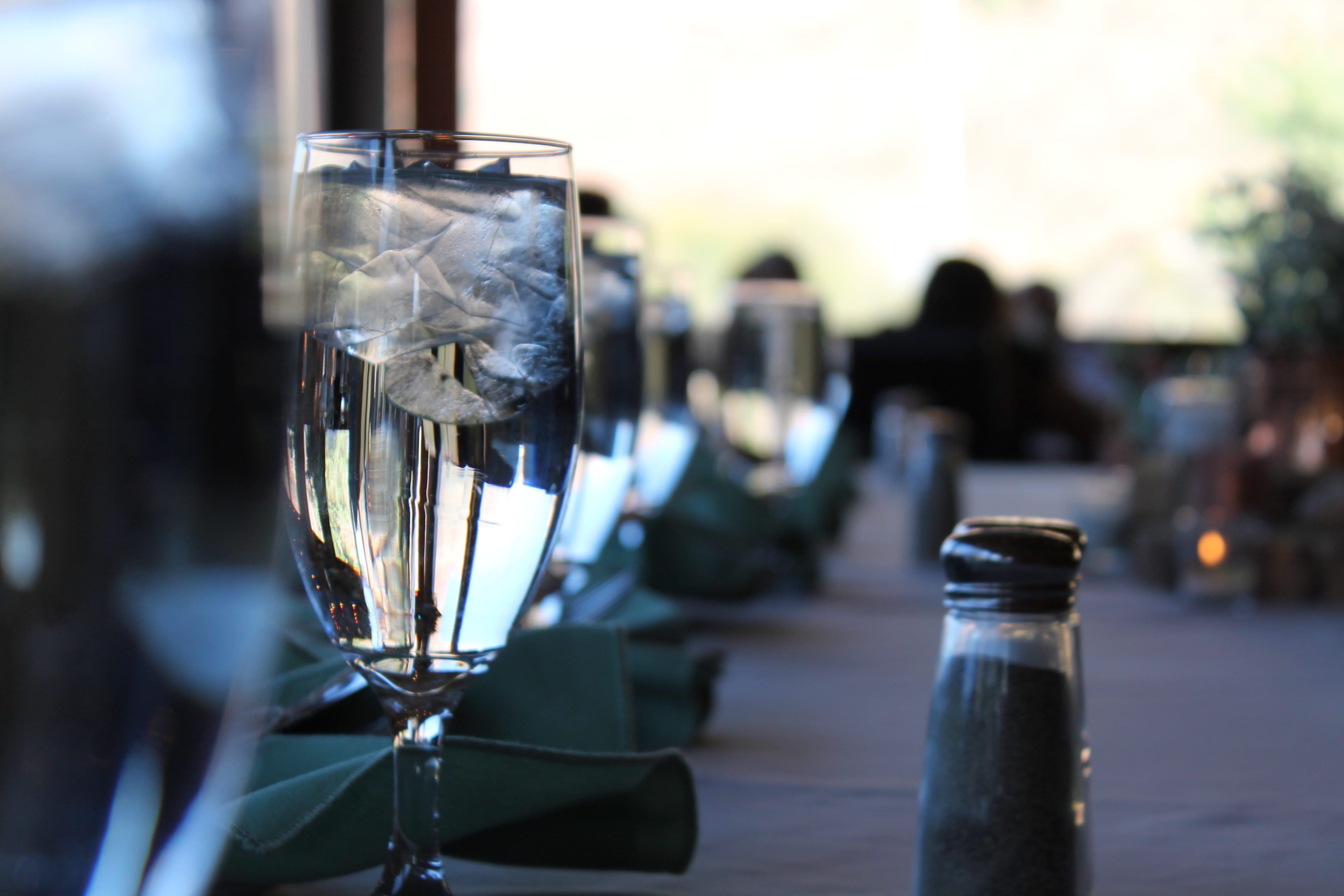 outdoors, drinking glass, reflection, day, incidental people, transparent, united states, water, focus on foreground, table, springdale, refreshment, bottle, HD Wallpaper