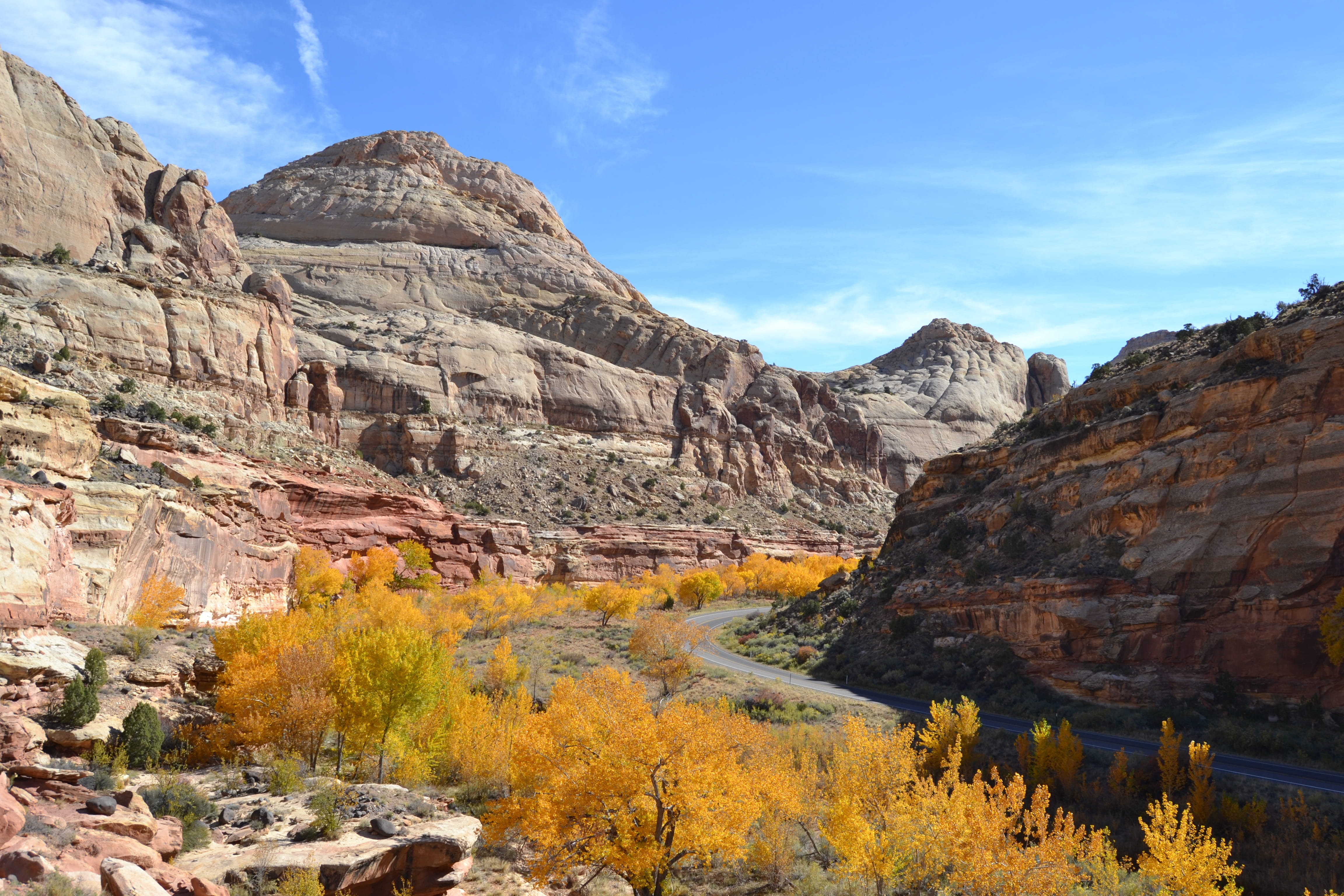 rock formation, cloud - sky, water, autumn, sky, mountain range, 4K, mountain, non-urban scene, rocks, rock, wilderness, day, tranquil scene, capitol reef, HD Wallpaper