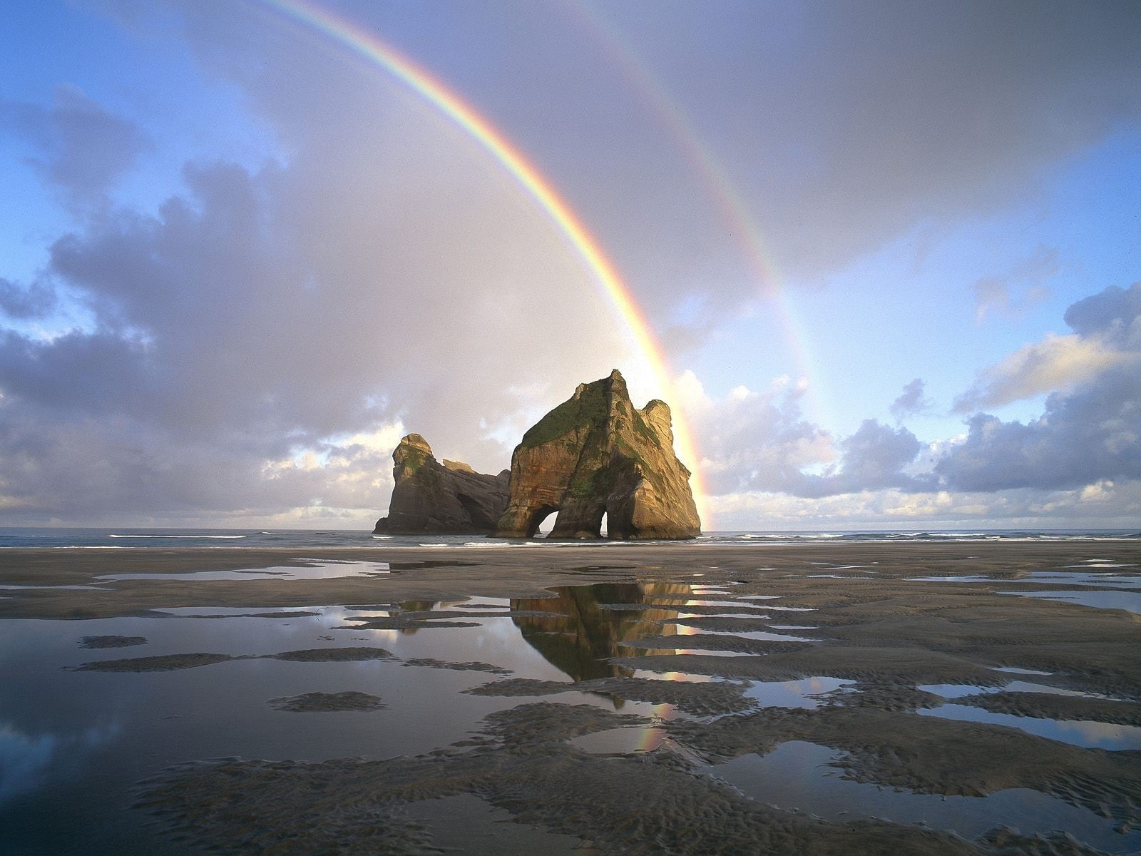 New zealand, tranquil scene, no people, Sand, 720P, solid, sea, nature, rock - object, environment, sky, double rainbow, Pools, rock, cloud - sky, scenics - nature, HD Wallpaper