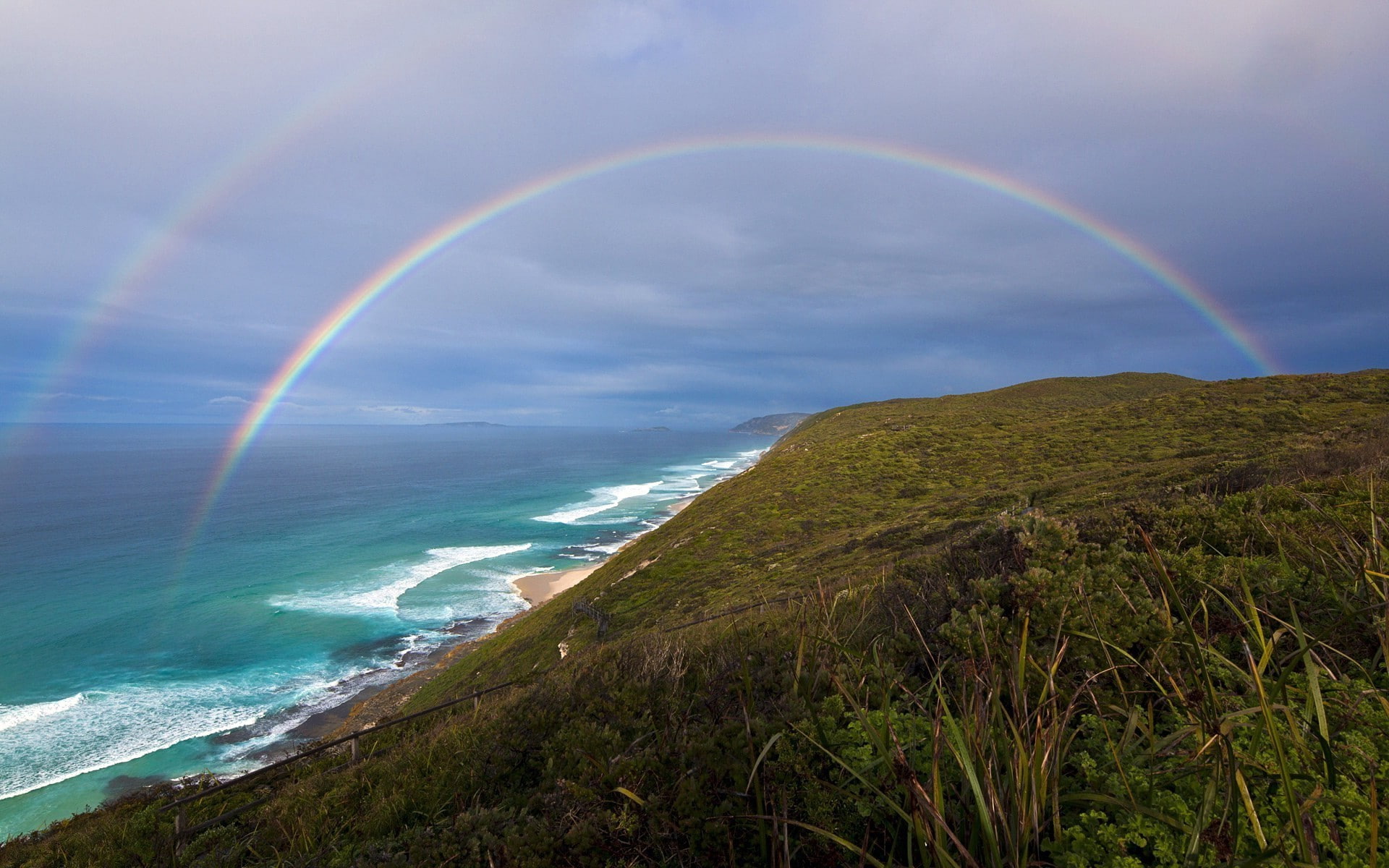 nature landscape, no people, 1080P, double rainbow, water, cloud - sky, beach, nature, horizon over water, sky, rainbow, outdoors, idyllic, land, arch, HD Wallpaper