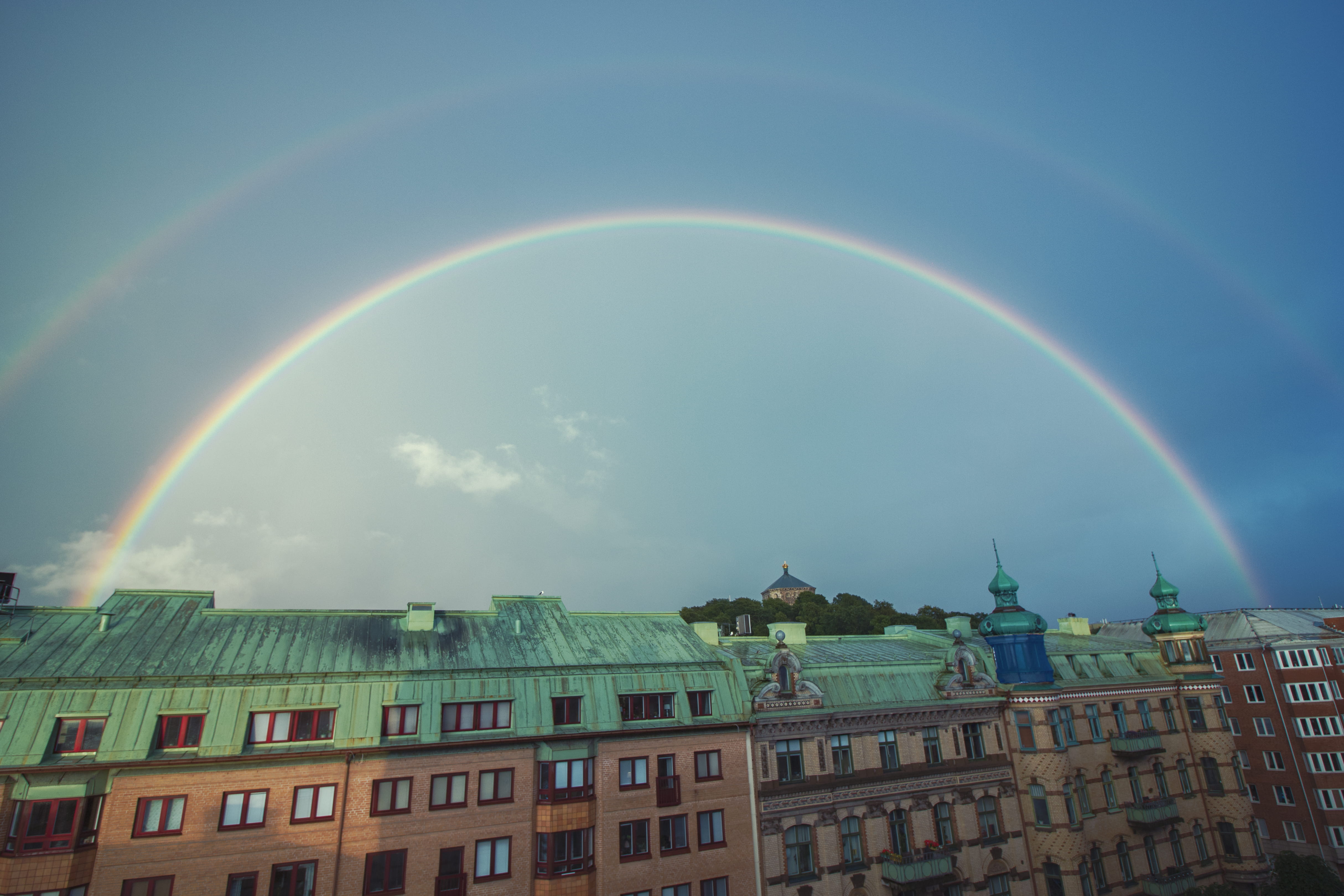 sweden, double rainbow, residential district, thunder, gothenburg, rooftop, rain, roof, no people, scenics - nature, day, rainbow, multi colored, blue, HD Wallpaper