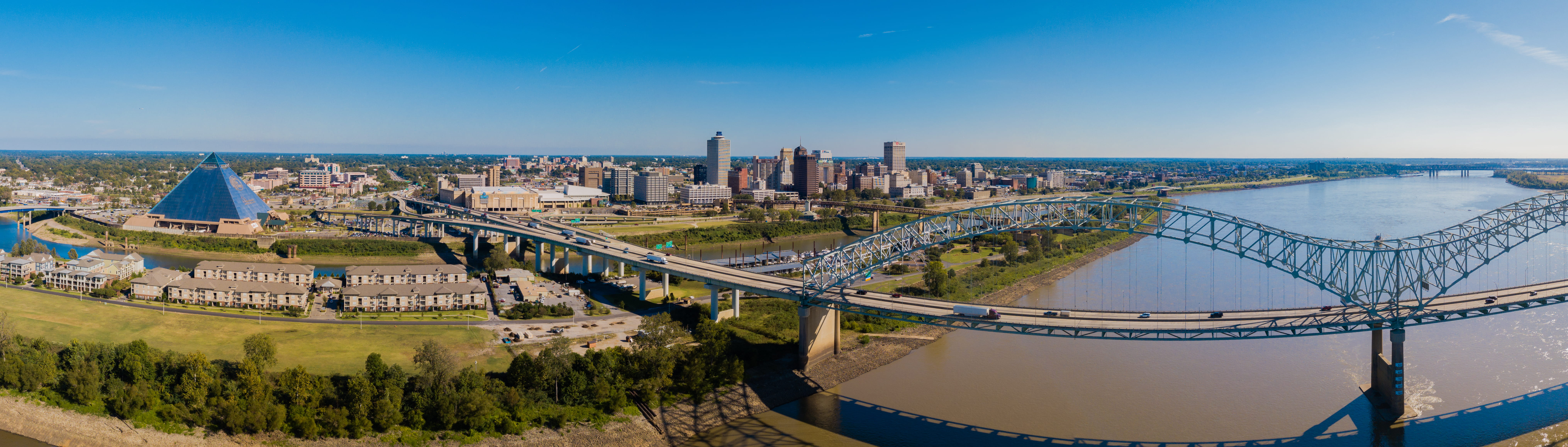 architecture, cityscape, outdoors, panoramic, memphistennessee, building, transportation, 8K, high angle view, united states, water, aerial view, horizon, HD Wallpaper