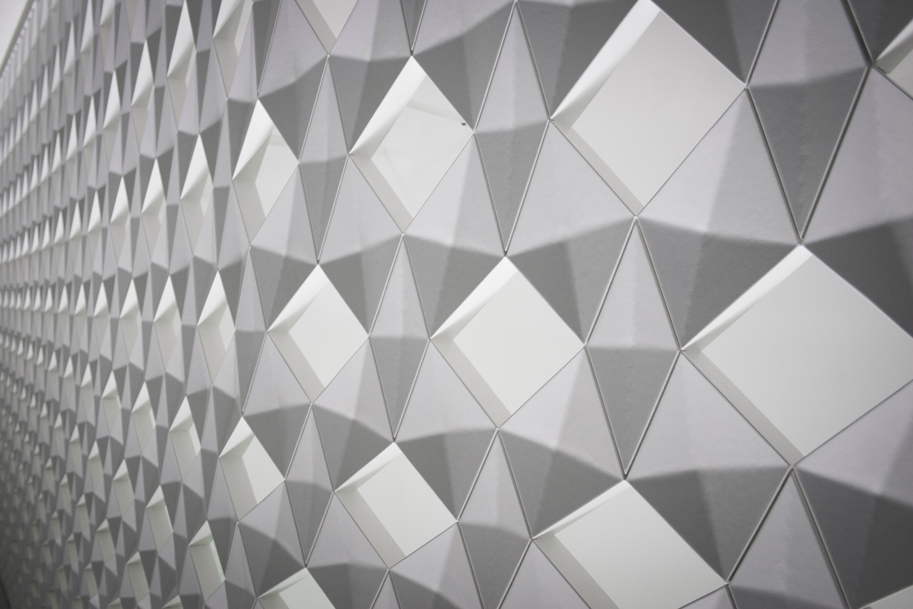 full frame, triangle shape, glass - material, ceiling, indoors, no people, shape, art, geometric shape, built structure, gray, pattern, close-up, wall, HD Wallpaper